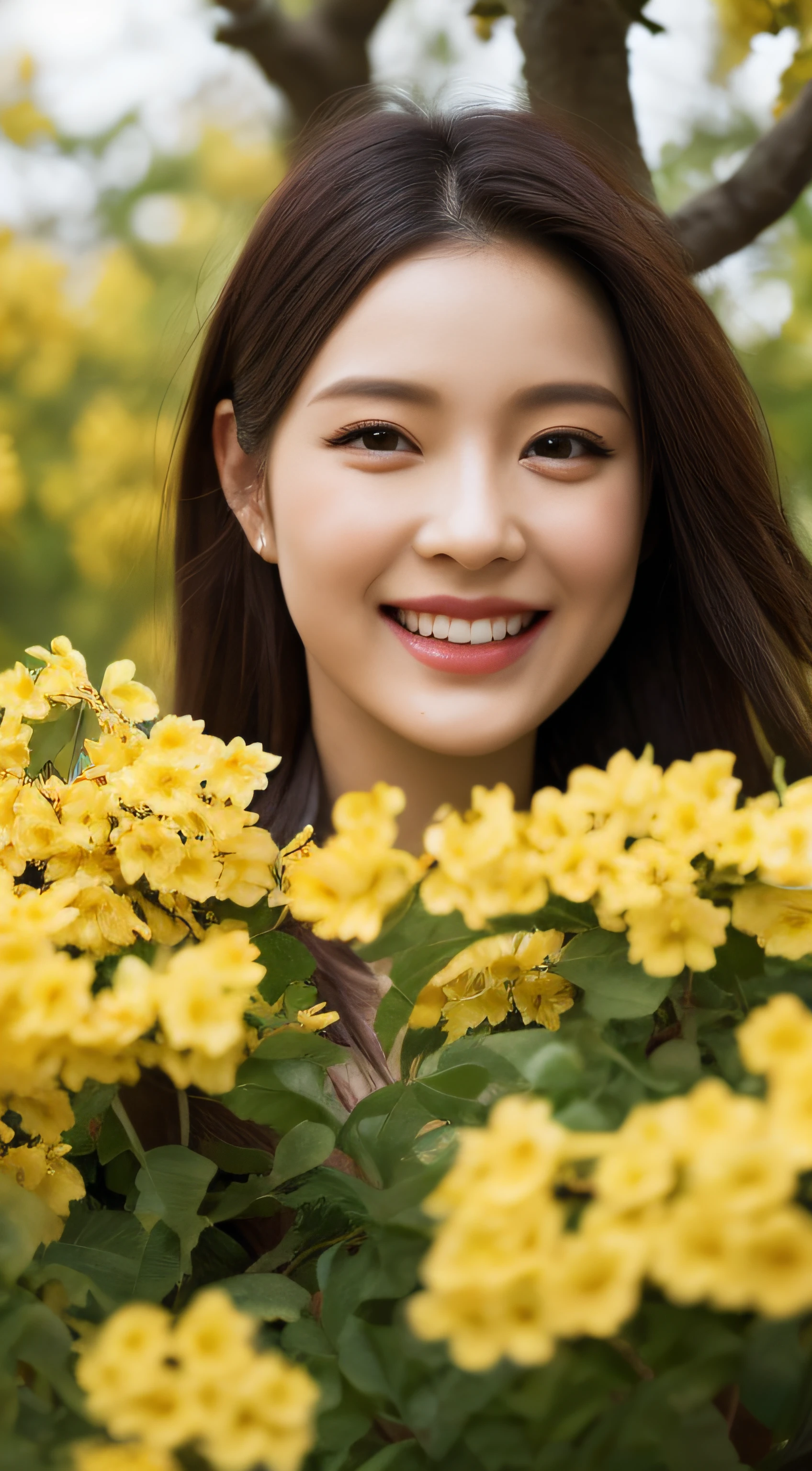 masterpiece, best quality, realistic, cinematic,
1girl, standing, close-up portrait, red aodai, (smile:0.8), (yellow apricot blossom, (potted flowers:0.8), flowers, falling petals, tree branch),  flower in hair, walking in garden