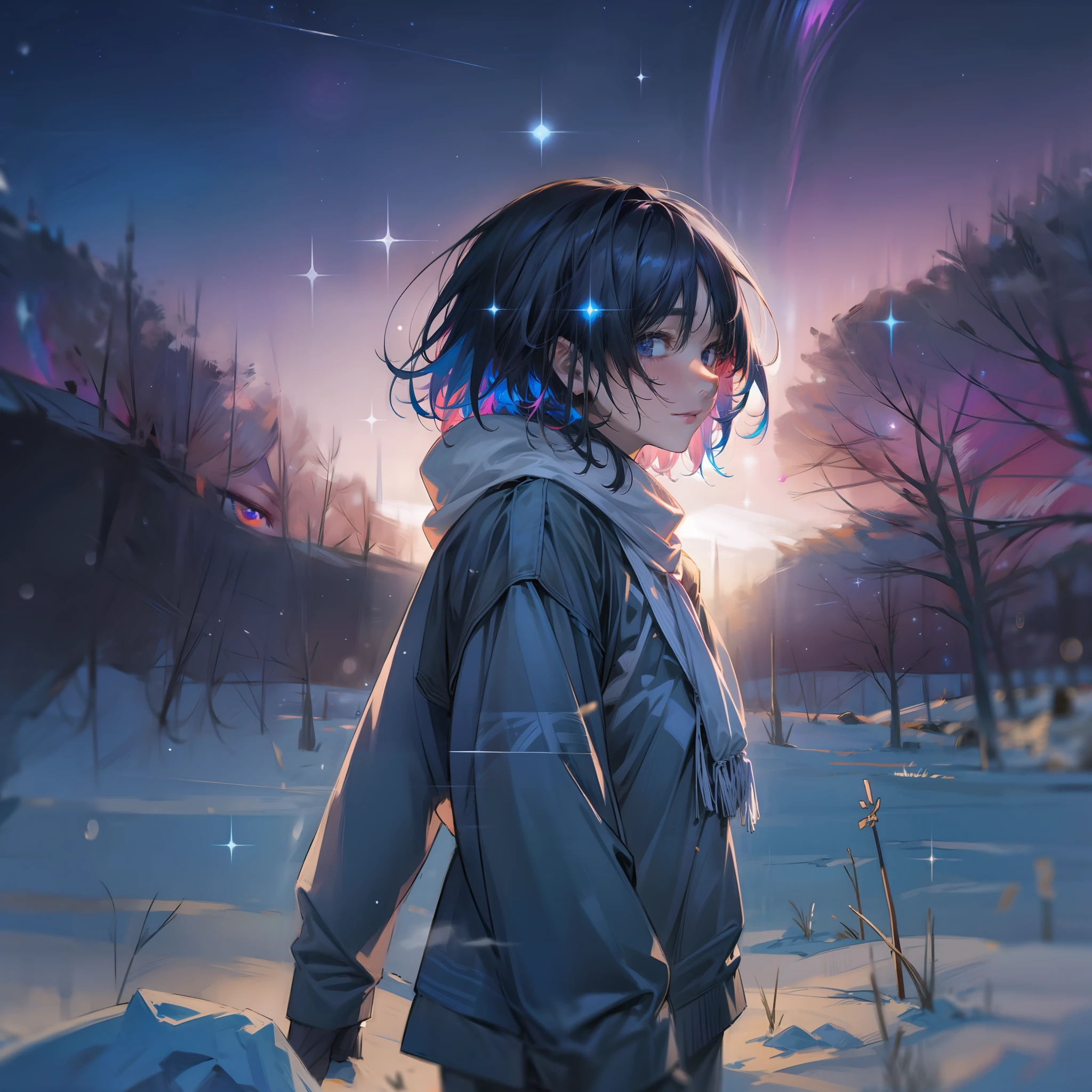 The subject is、Close-up of a young woman with short cut black hair expressed in 8K resolution。Her eyes are、It reflects the starry sky and aurora borealis of the polar night。In her eyes、Countless stars々and shooting stars、And the soaring colorful aurora borealis is emerging。
Her skin is、It is slightly reddened by the cold, dry air.、Its cold cheeks have ice crystals on them.。In the cold air and the darkness of the polar night surround her face、Only her skin shines faintly in the light of the starry sky。
From afar、You can hear the wind and the creaking of ice。Her breath is white、While it blends into the night sky、Surrounds her。In this frigid cold、Her face made me feel warm and soft.、That makes the cold stand out even more.。
Her lips are purplish、Even in extreme cold, its color and shape are distinct。From its lips、Thin, white breath was leaking out.、It's soaring like smoke in the starry sky。
The starry sky and the aurora borealis in her eyes、It seems to represent the deep emotions and feelings hidden in her heart.。The expression is、Tranquility and beauty in extreme cold、And it makes me feel her own strength and softness living in it.。