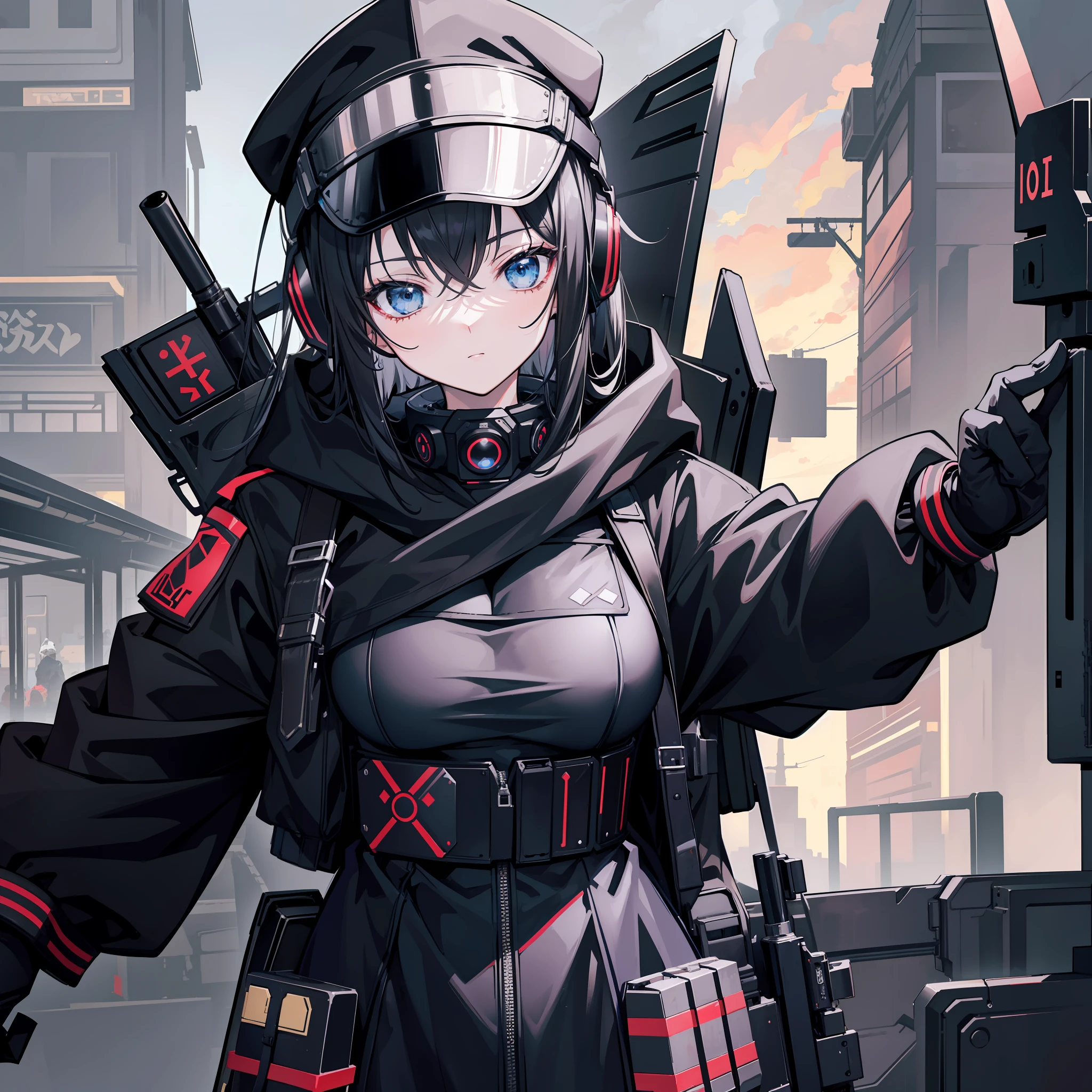 (tmasterpiece, best qualtiy,style of anime,a sense of atmosphere,karo,nigth)(s girl,Black color hair,Black cap,Black body armor,Wear tactical headsets,closeup cleavage)