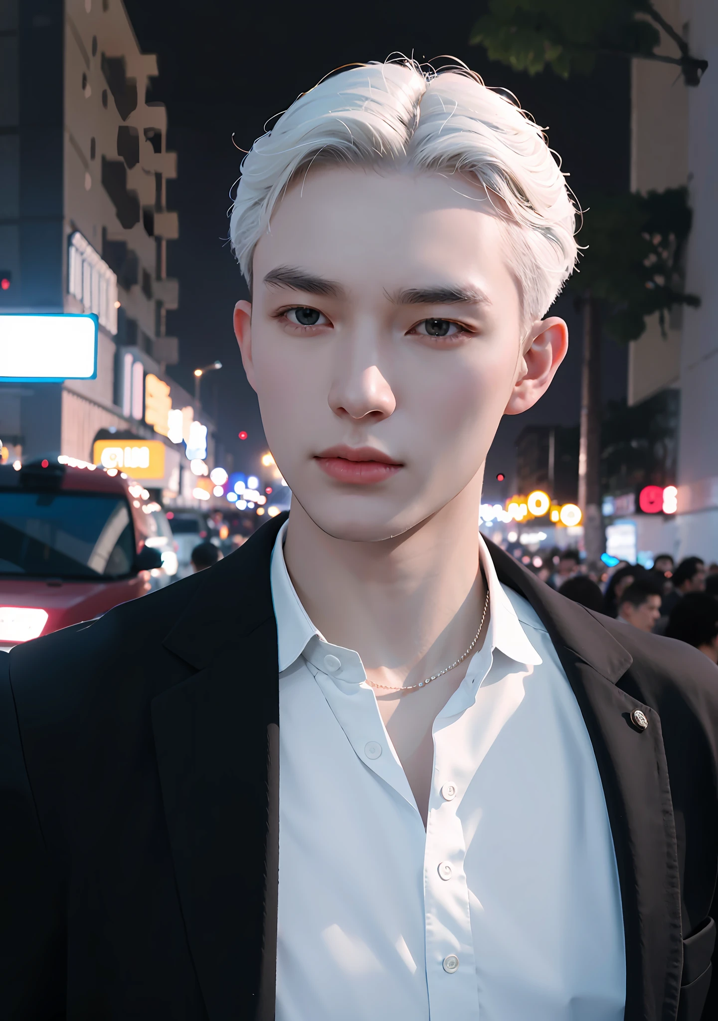 Mafia, 1 guy 23 years old, lake, 3/4 body, portrait, deep of field, f/0.5, 200mm, manly, handsome, detailed skin description, realistic, detailed face description, 1 men, white hair, cinematic lighting, bleeding wound, cool face, standing in front of the gang, black suit, night city