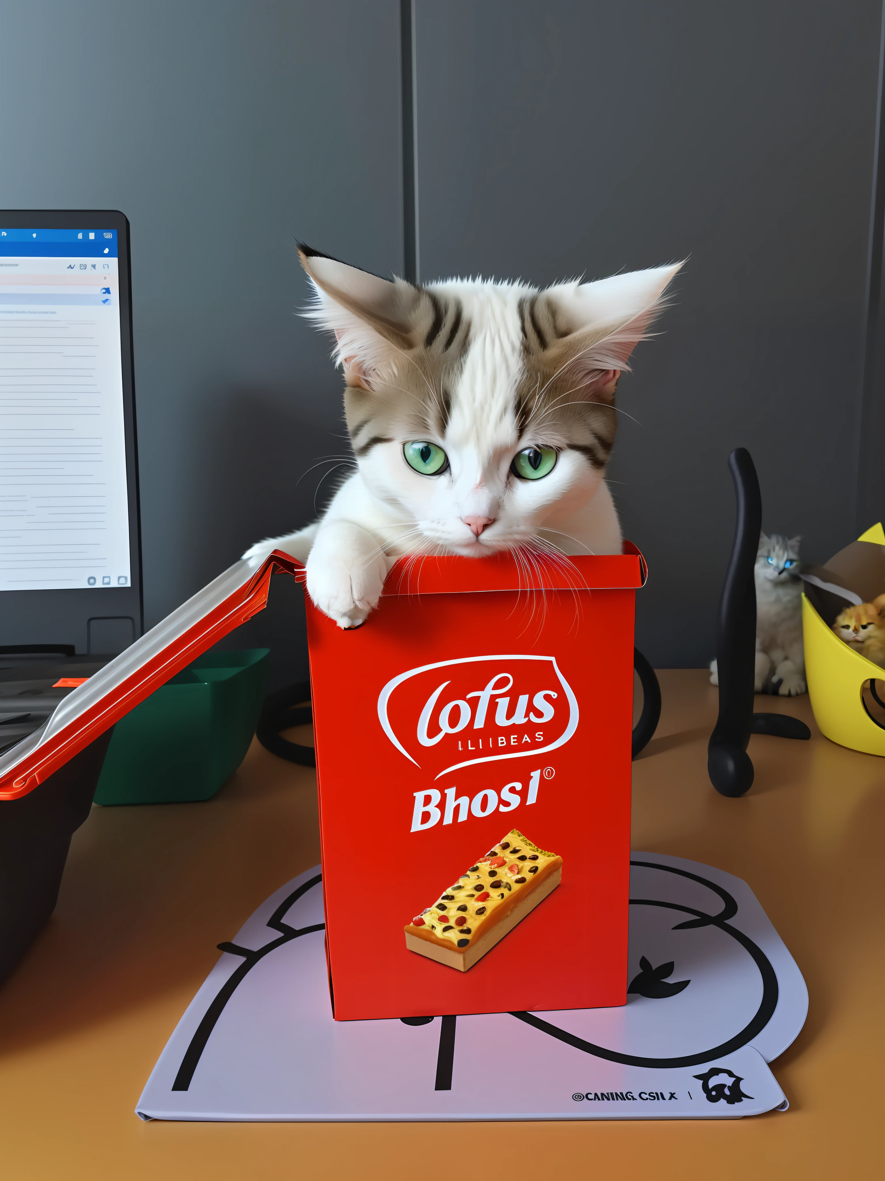 There was a cat sitting in a box on the table, world boss kitten, Shot on Canon EOS R 6, taken with sony alpha 9, cyborg kitten, kitten sandwish, buttercup eating pizza, Sora as a cat, r/awww, cereal mascot, Heteropupil cats,White cat,Black head,One blue and one yellow eyes Cats on the table, Lotus, ultra-realistic picture, about to consume you