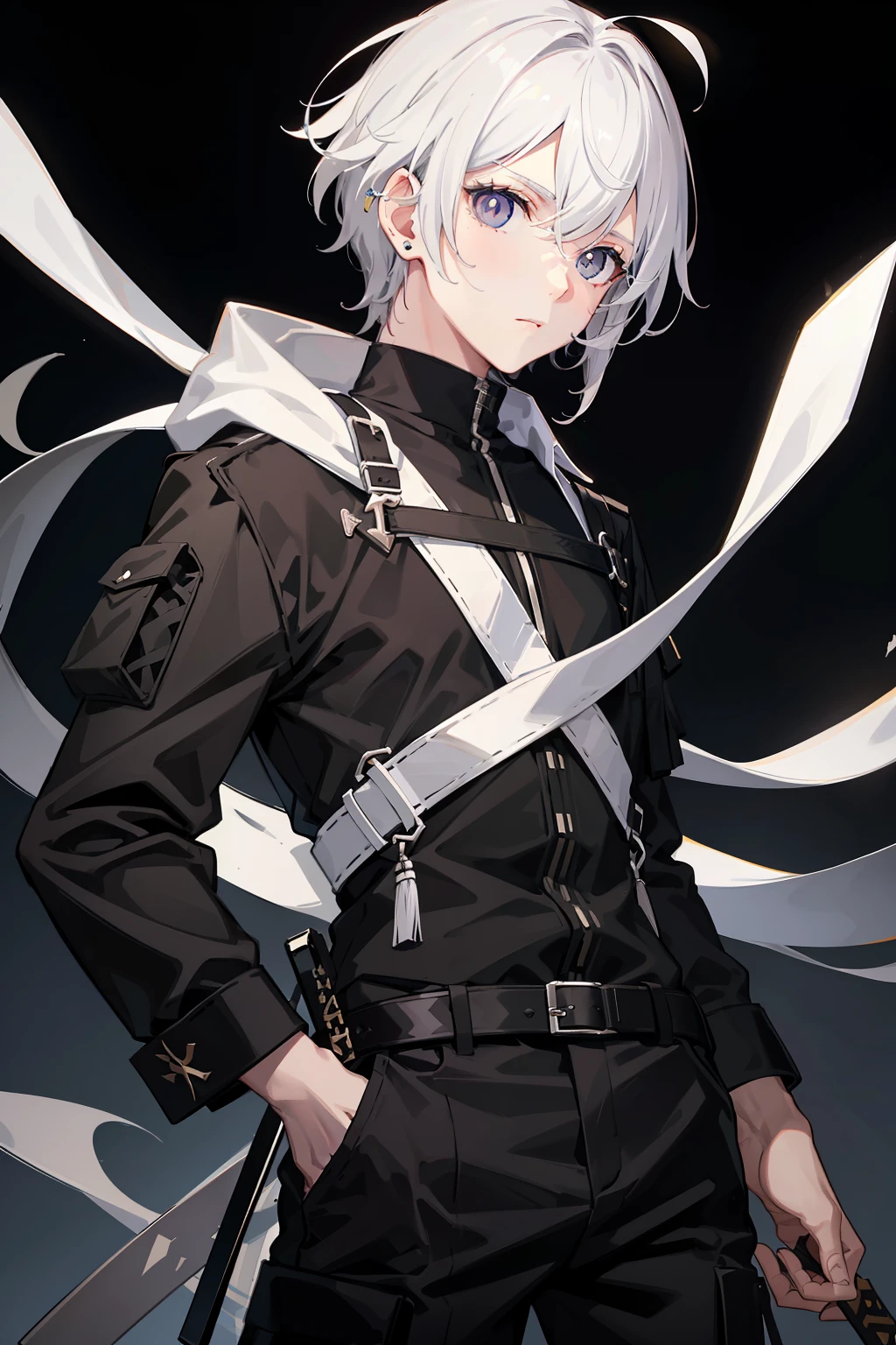 White-colored skin，White-colored skin，whaite hair，Black pupils，Pure black eyes，Silver-toned stud earrings，shoun，crosses，bandagens，There are bandages on the hands，short detailed hair，Handsome，Libido boy，Highest image quality，the night，the night，warn，male people，hooding，cargo pants，Martin boots，Black pick dye，Long sword，crosses，crosses，nighttime scene，Black cargo pants，Black pantsuit