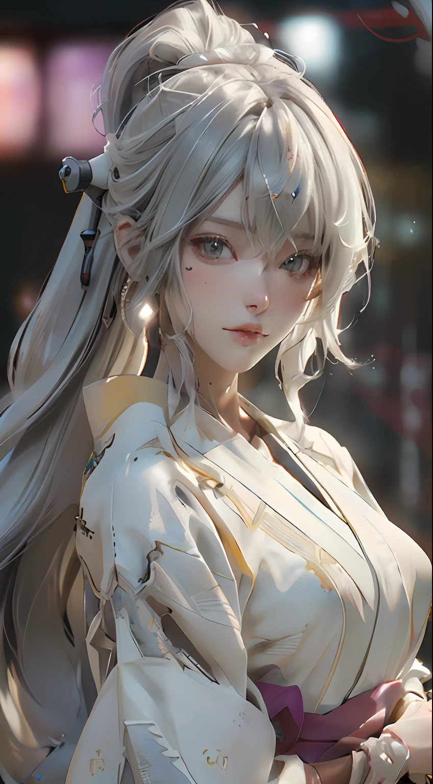 walking around Japan summer festival, (light yellow color kimono:1.3), (Best Quality), ((Masterpiece), (Detail: 1.4), 3D, A Beautiful Cyberpunk Woman, HDR (High Dynamic Range), Ray Tracing, NVIDIA RTX, Super-Resolution, Unreal 5, Subsurface Scattering, PBR Textures, Post-Processing, Anisotropic Filtering, Depth of Field, Maximum Sharpness and Clarity, Multi-layer Textures, Albedo and Highlight Maps, Surface Shading, Exact simulation of light-material interactions, perfect proportions, Octane Render, bicolor light, large aperture, low ISO, white balance, rule of thirds, 8K RAW, close-up of a woman with very long hair and a very large body, perfect anime robot woman, anime robot with organic mix, best anime 4K konachan wallpaper, detailed digital anime art, beautiful girl cyborg, portrait of cyborg queen, cyborg - silver girl, biomechanics oppai, Digital cyberpunk anime art
