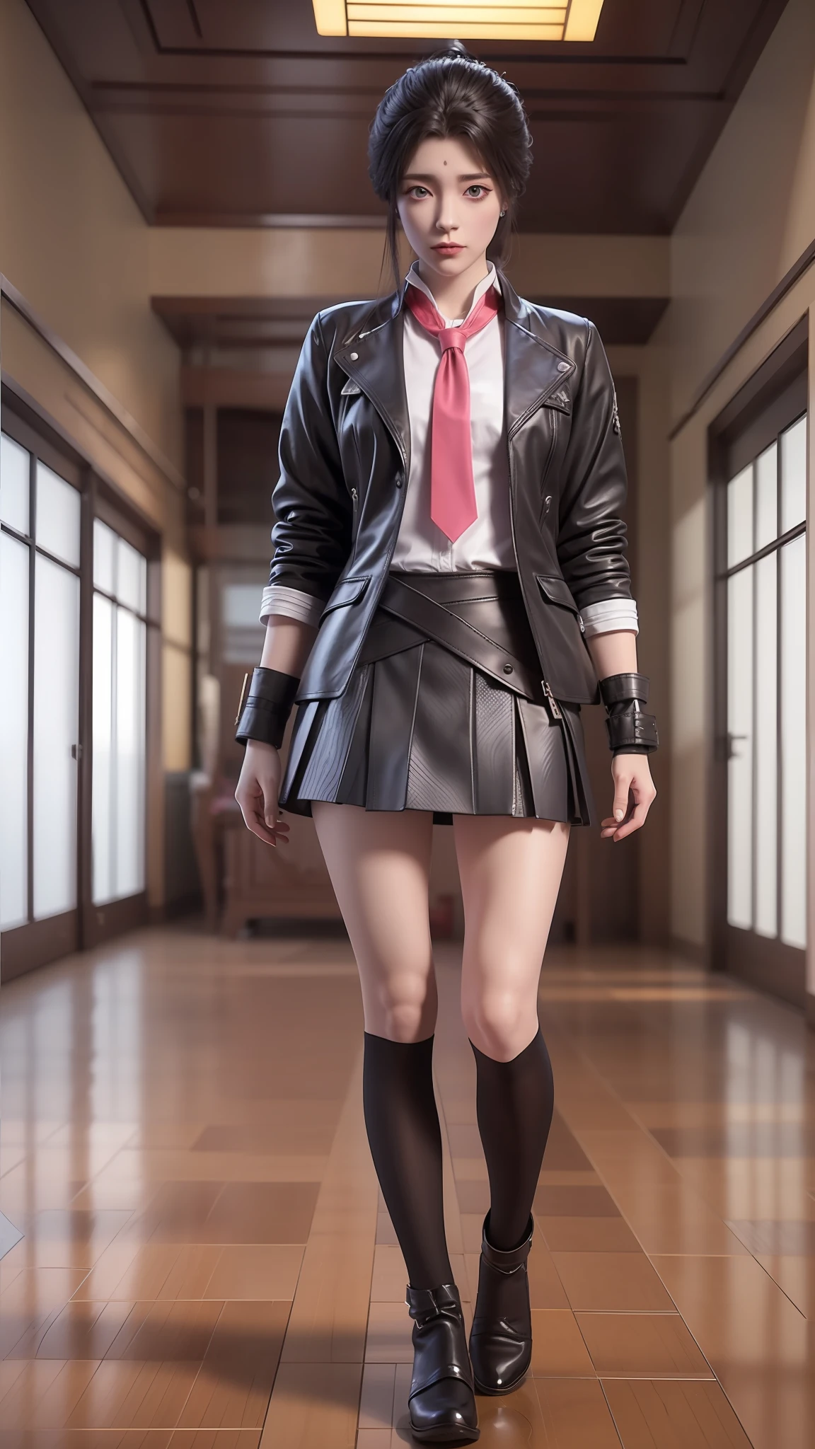 there is a woman in a skirt and a jacket posing for a picture, Surrealism female students, Surrealism female students, Realistic schoolgirl, thighhighs and skirt, photorealistic anime girl rendering, 3 d anime realistic, Smooth anime CG art, photorealistic full body, Photorealistic anime, Realistic anime 3 D style, photorealistic perfect body, wearing skirt and high socks