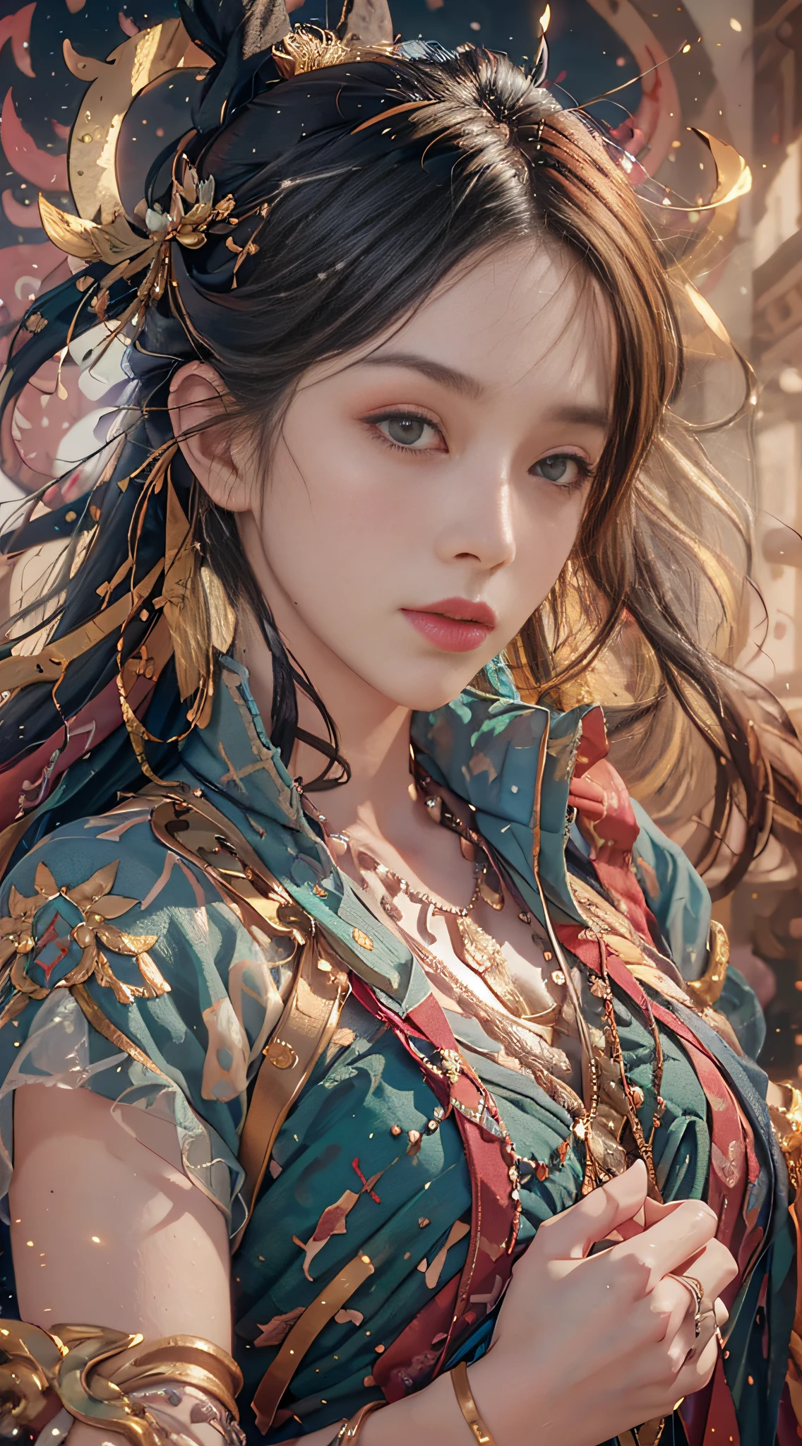 (RAW photo, best quality), (realistic, photo-realistic:1.3),best quality,highly detailed,masterpiece,ultra-detailed,illustration,1girl,upper_body,dynamic angle,world masterpiece theater,messy_long_hair,best quality,extremely detailed CG unity 8k wallpaper,ink,Amazing,cinematic lighting,lens_flare,,dunhuang_style
