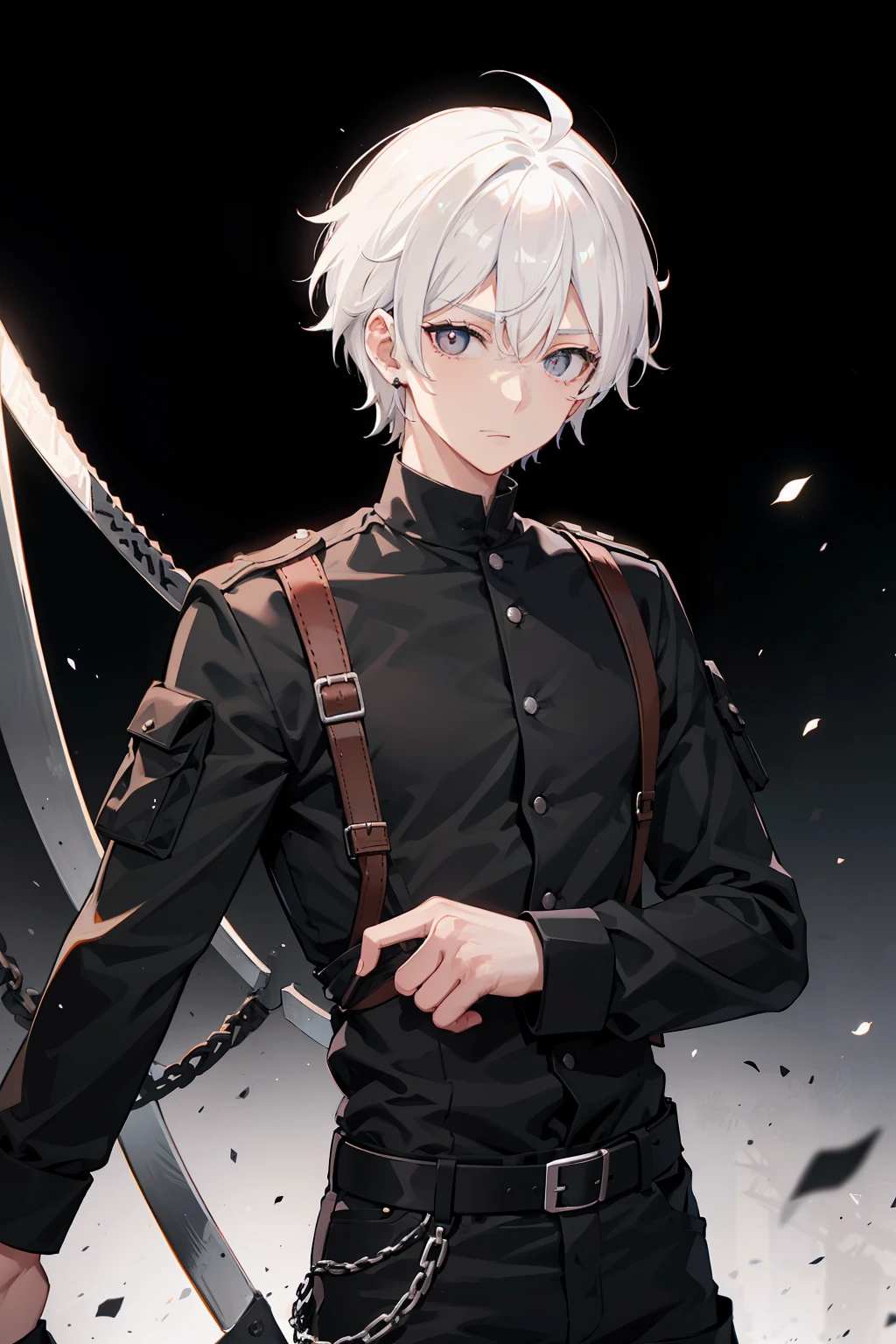 White-colored skin,White-colored skin,combat scene,whaite hair,Black pupils,Pure black eyes,Silver-toned stud earrings,shoun,crosses,bandagens,There are bandages on the hands,short detailed hair,Handsome,Libido boy,Highest image quality,the night,the night,warn,male people,hooding,cargo pants,Martin boots,Black pick dye,Long sword,crosses,crosses,nighttime scene,Black cargo pants,Black pantsuit