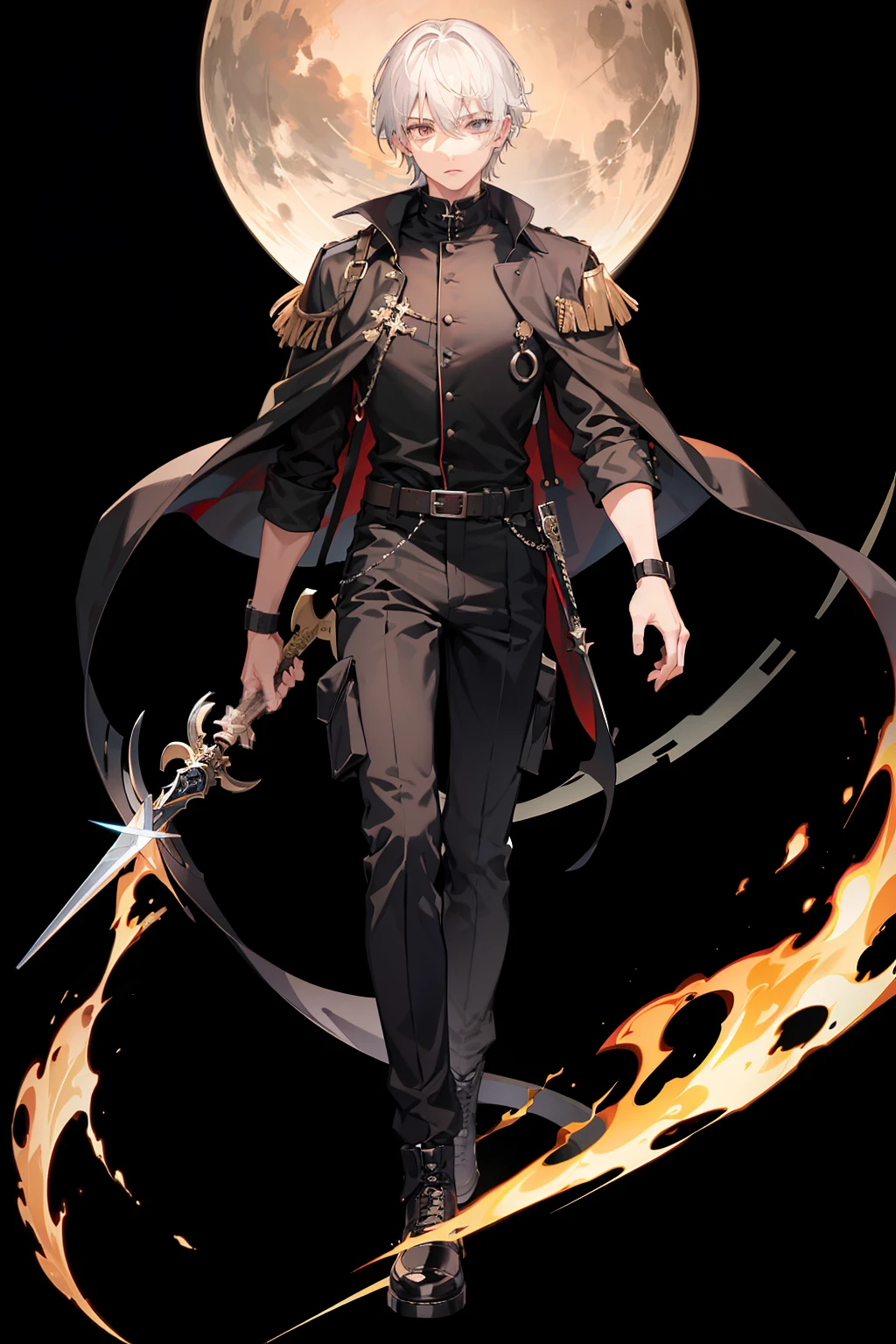 White-colored skin，White-colored skin，whaite hair，Black pupils，Pure black eyes，Silver-toned stud earrings，shoun，crosses，bandagens，There are bandages on the hands，short detailed hair，Handsome，Libido boy，Highest image quality，the night，the night，warn，male people，hooding，cargo pants，Martin boots，Black pick dye，Long sword，crosses，crosses，nighttime scene，Black cargo pants，Black pantsuit