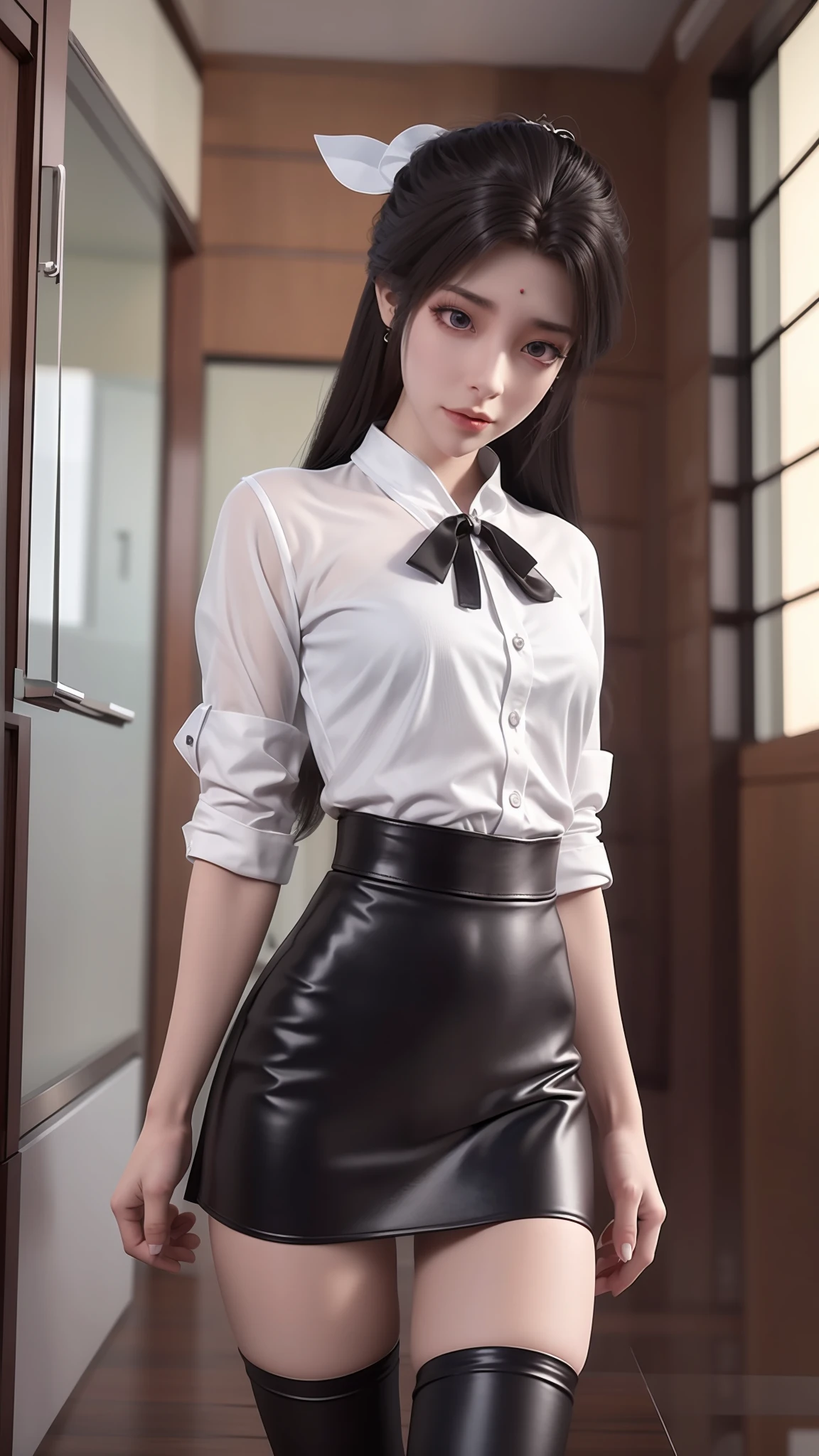 Arad woman posing for photo in short skirt and white shirt, Surrealism female students, Surrealism female students, Realistic schoolgirl, photorealistic anime girl rendering, thighhighs and skirt, 3 d anime realistic, small curvaceous loli, wearing skirt and high socks, Photorealistic anime, cute female student, Realistic anime 3 D style, female student