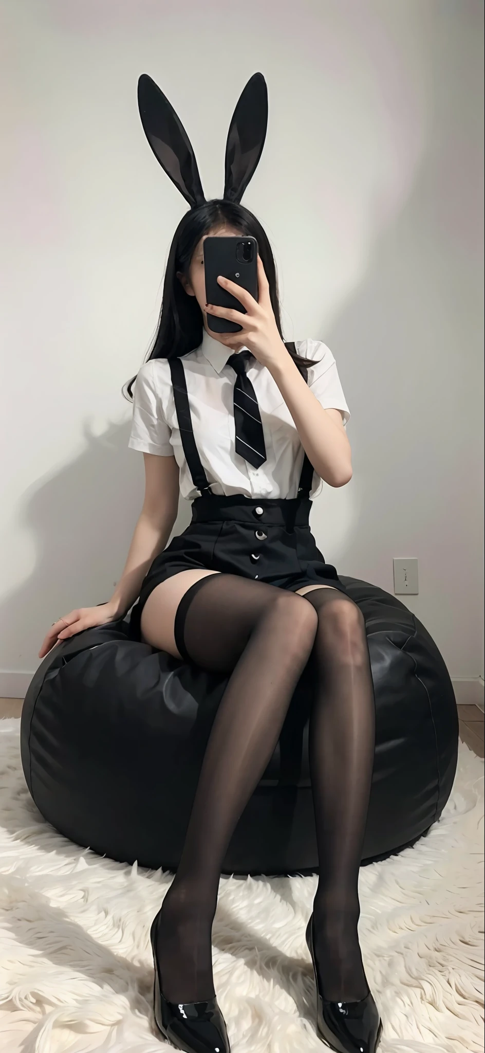 Arakfi sat on the bean bag,Take a selfie with your phone in the mirror, Black socks with suspenders ,blackstockings,lacepantyhose, Anime Barbie in suspender black stockings, Stockings, With black sock suspenders ,blackstockings,lacepantyhose, There are no shoes on the thighs, white with black spots, Wearing white tights, thighs high socks, White tights, wearing in stocking, Beautiful arms and legs, Wearing stockings, Close-up of legs with beautiful hands with rabbit ears on the head,bunnygirl,