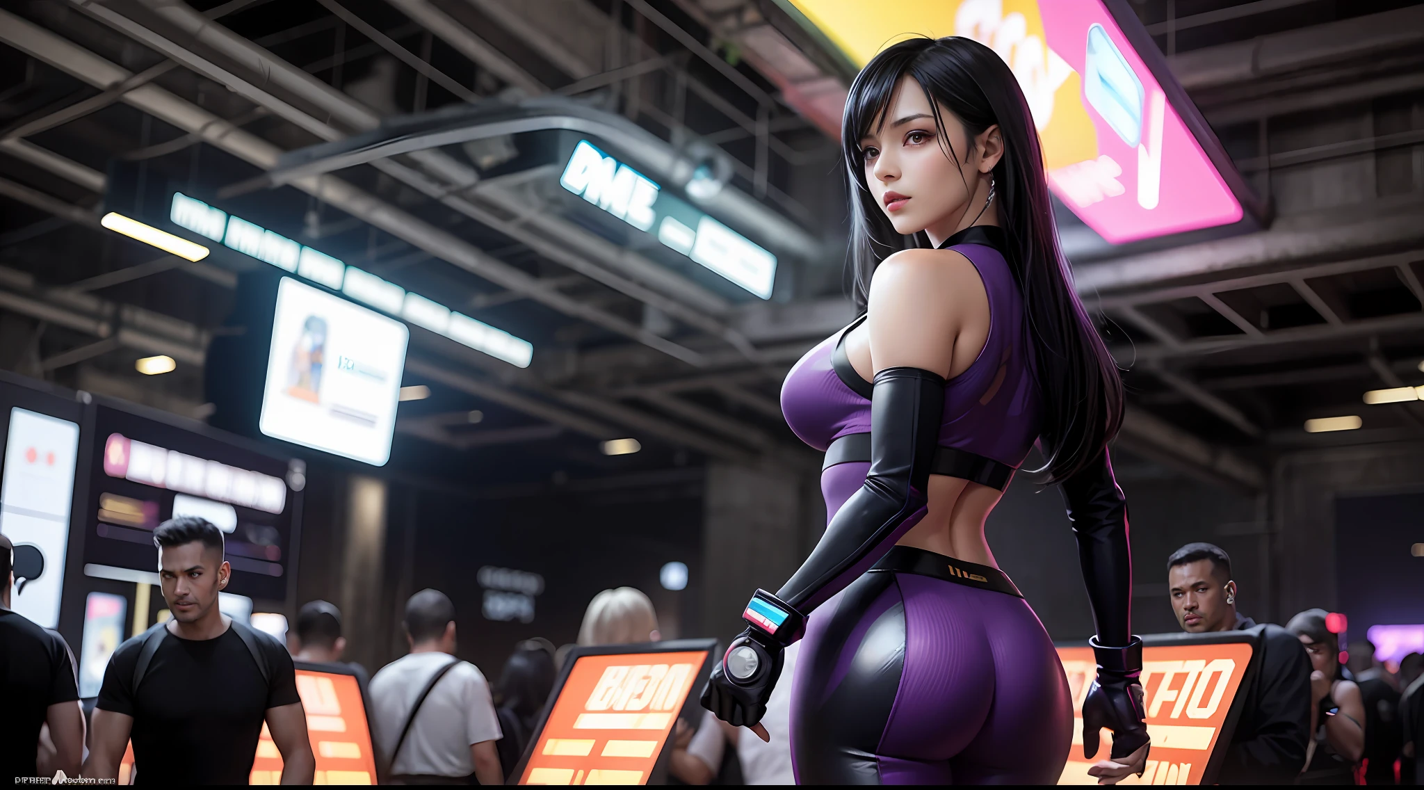 tifa, from behind, side pose, mass effect cyberpunk, spandex purple sheer officer uniform suit, holding pistol in hand, looking at camera, futuristic, glitch effect, big ass, sexy, on spaceship, neon lights in purple clothes, armor, pants (masterpiece), outer space background, (best quality), 8k resolution, ultra-detailed, rear shot, hyper-detailed, realistic, (1girl), cinematic, black hair, D cup, perfect body, galactic font, graffiti style