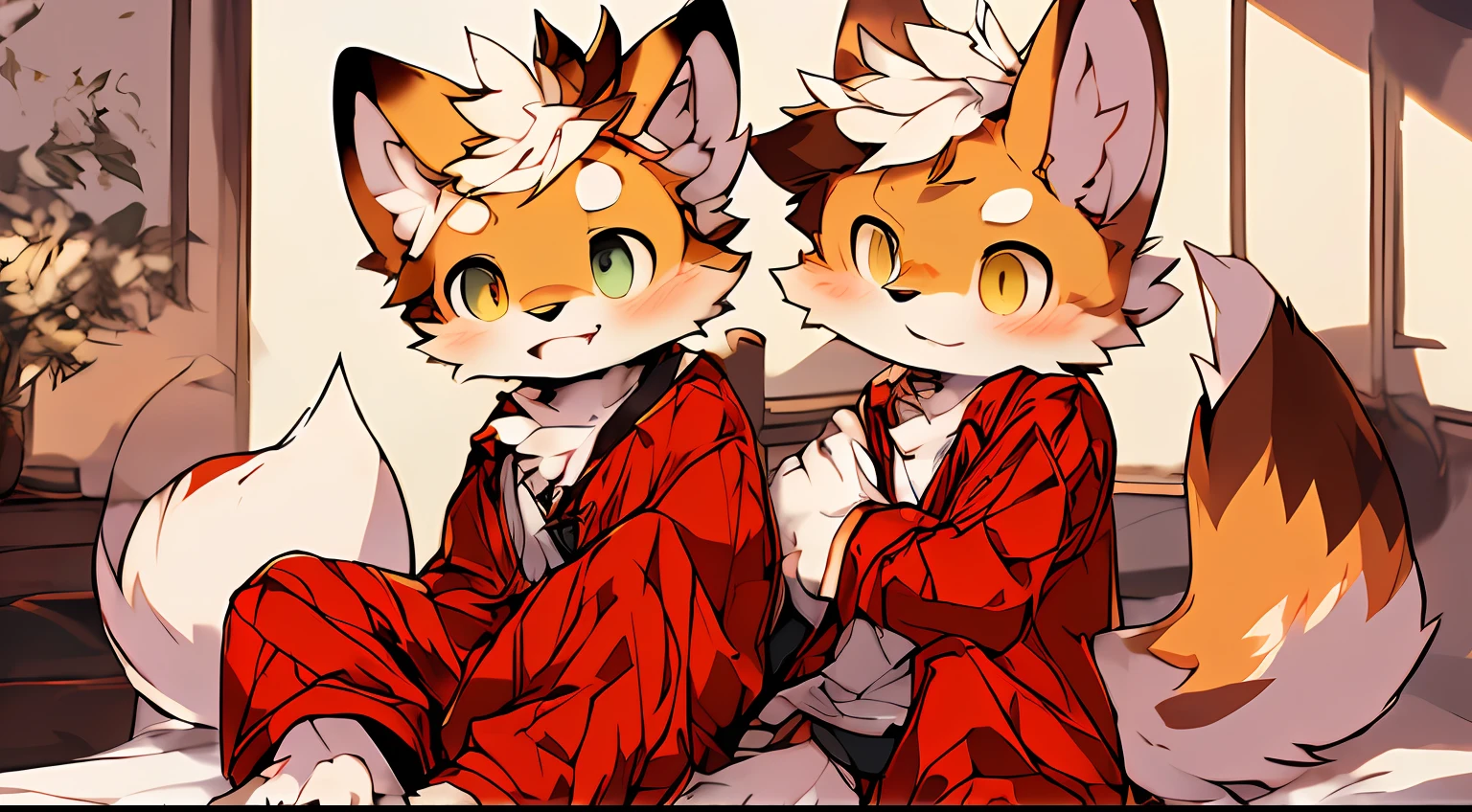 Style picture of a squirrel in pajamas sitting on the edge of the bed, Shota,large tail,Shota,Wear slippers,commission on furaffinity, very very beautiful furry art, furaffinity commission, squirrels, jazza and rossdraws, Furry art!!!, zerochan art, Colorful squirrel city, Detailed fanart, fursona art, wearing fancy clothes, Furry tail,