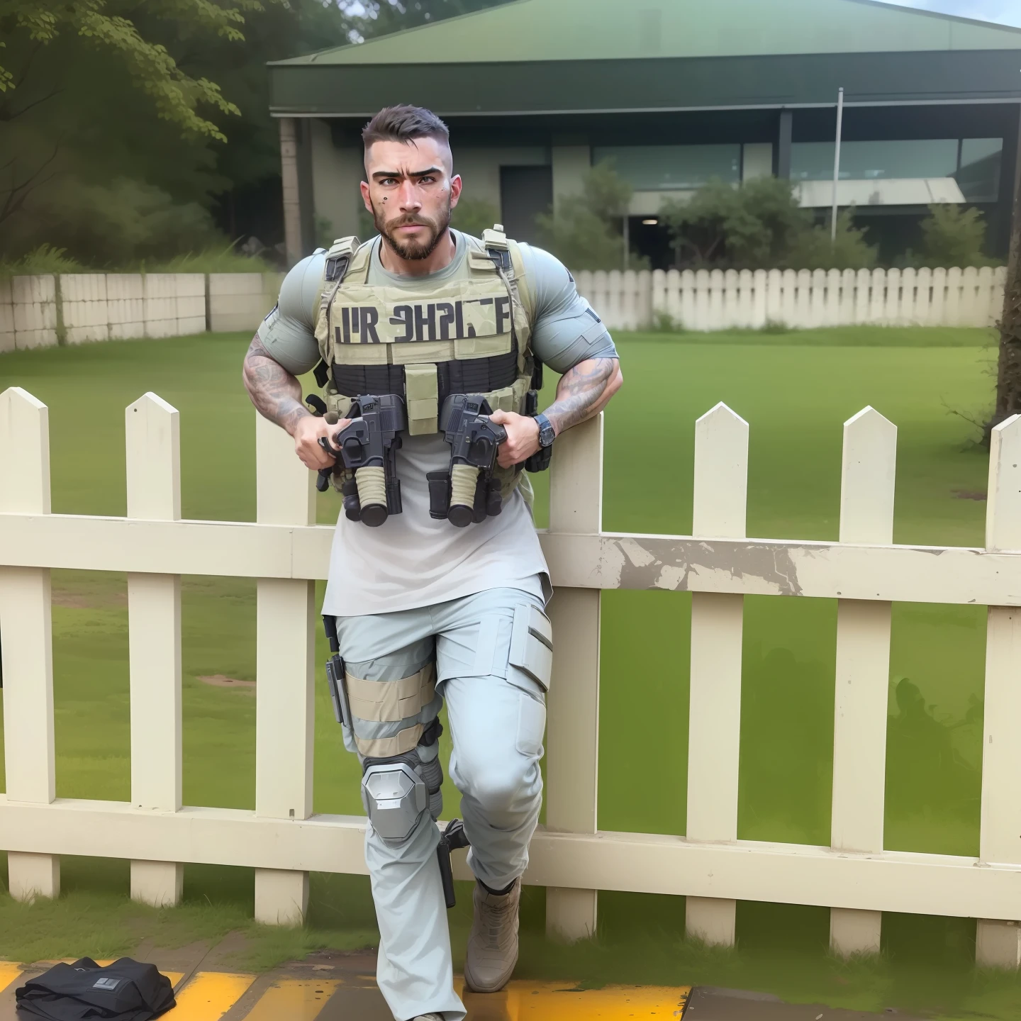 a full body shot, ((candid shot)), special ops, soldier, ((short hair)), call of duty, high end tech, ((detailed face)), (((man, strong features, determined look, dystopia, scruff, masculine))), (((sharp jawline))), ((facial hair)), HDR, hyper realistic, wrinkles, fit body, insanely detailed, complex background, fire, dirty