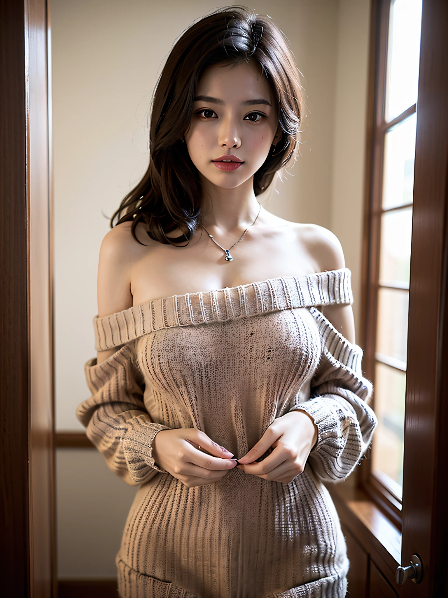 (8k、RAW Photos、top-quality、masterpiece:1.2)、(realisitic、Photorealsitic:1.37)、1人、japanes、25-years old、femele、(deep in the night)、Moon Night、a room、cityscape visible from window、High-key lighting、Studio Lighting、face lights、(Angle from the front)、photon maping、Radio City、(full bodyesbian)、(fullnude)、Dark brown hair、详细的脸、Detailed lips、detailedeyes、More skin、二重まぶた、(huge tit:1.4)、(off-the-shoulder sweater)、(no brassiere)、(no panty)、a necklace、(cammel toe)、perfectbody、shinny skin、(to stand)、((Off-Shoulder Sweater Lift:1.5))、smirking face、Make eye contact with the camera