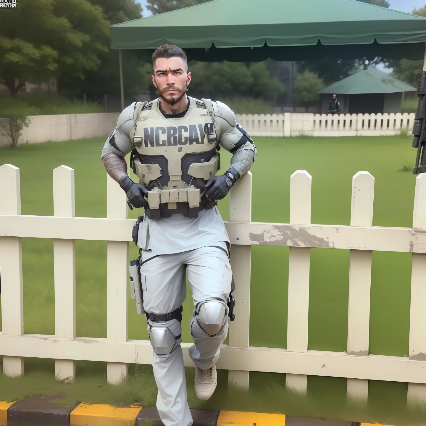 a full body shot, ((candid shot)), special ops, soldier, ((short hair)), call of duty, high end tech, ((detailed face)),  (((man, strong features, determined look, dystopia, scruff, masculine))), (((sharp jawline))), ((facial hair)),  HDR, hyper realistic, wrinkles,  fit body, insanely detailed, complex background, fire, dirty