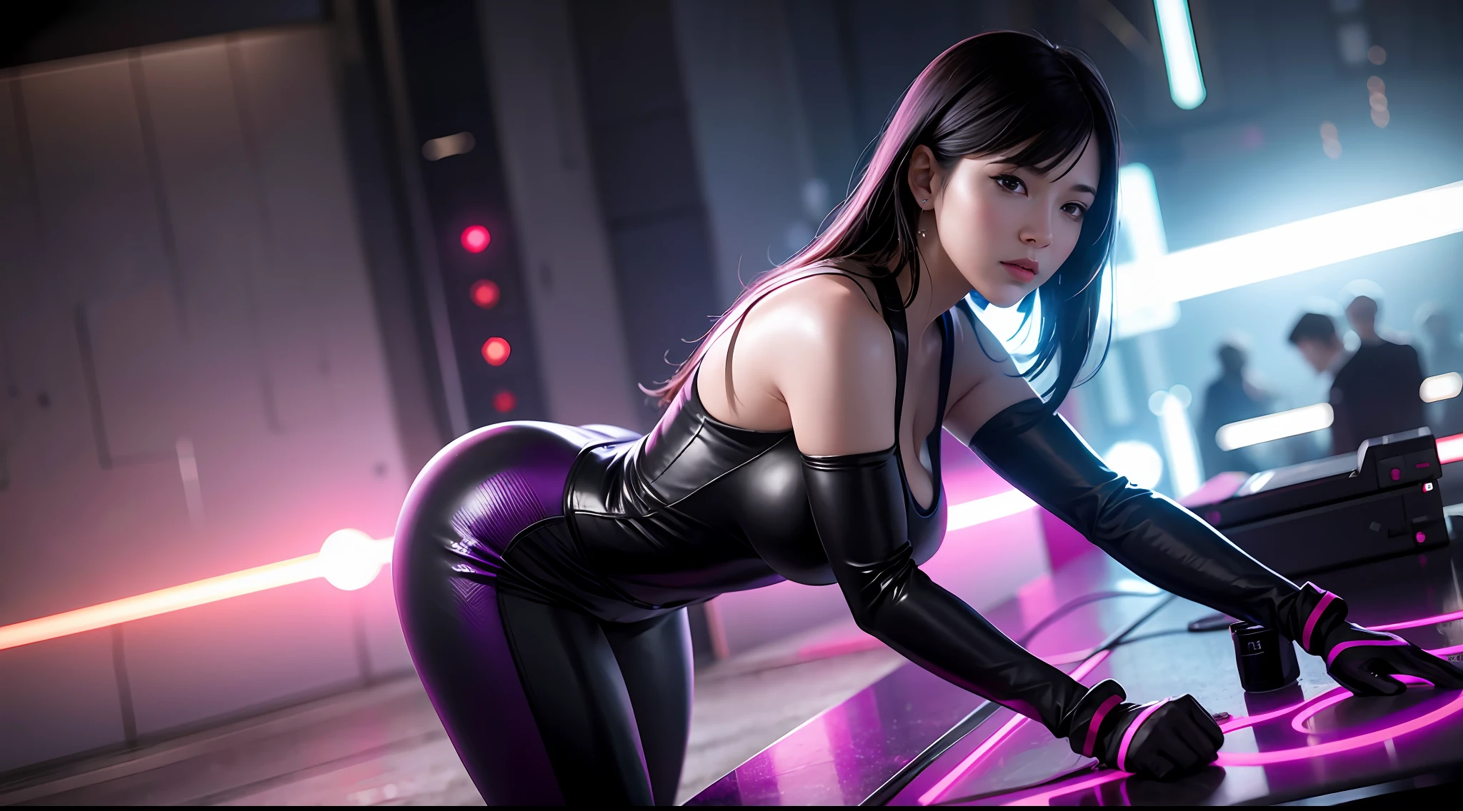 tifa, from behind, side pose, mass effect cyberpunk, spandex purple sheer officer uniform suit, holding pistol in hand, looking at camera, futuristic, glitch effect, big ass, sexy, on spaceship, neon lights in purple clothes, armor, pants (masterpiece), outer space background, (best quality), 8k resolution, ultra-detailed, rear shot, hyper-detailed, realistic, (1girl), cinematic, black hair, D cup, perfect body, galactic font, graffiti style