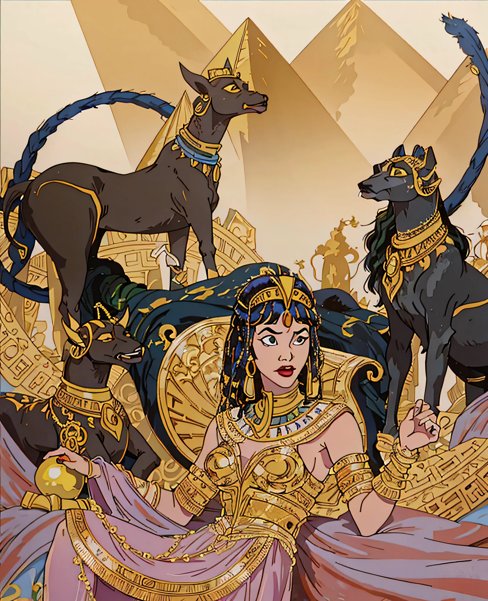 Cleopatra, full body shot, beautiful dress, goddess queen of Egypt, attractive, most perfect face, professional eye design, digital painting, beautiful hieroglyphs in the background, fantasy, intricate details, regal setting, face card, in the style of Ellen Gallagher, Abigail Larson and Anton Pieck