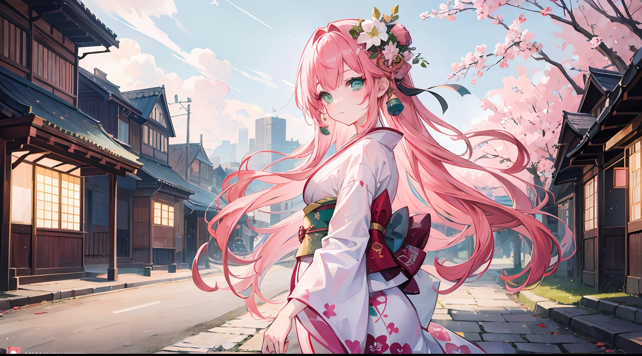 1 girl, long pink hair, green eyes, happy, wearing kimono, village, city light, high res, ultrasharp, 8k, masterpiece, looking at viewer