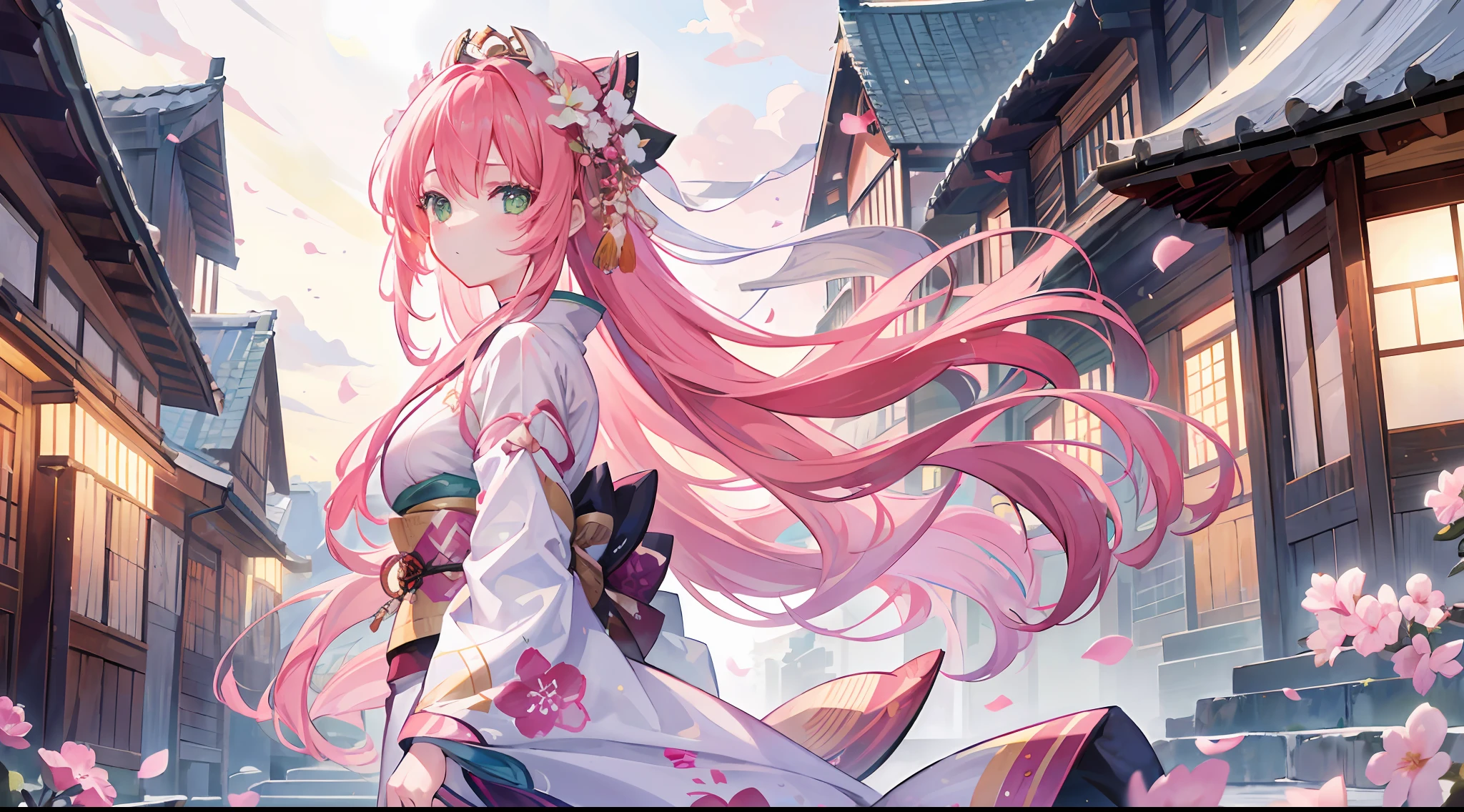 1 girl, long pink hair, green eyes, happy, wearing kimono, village, city light, high res, ultrasharp, 8k, masterpiece, looking at viewer