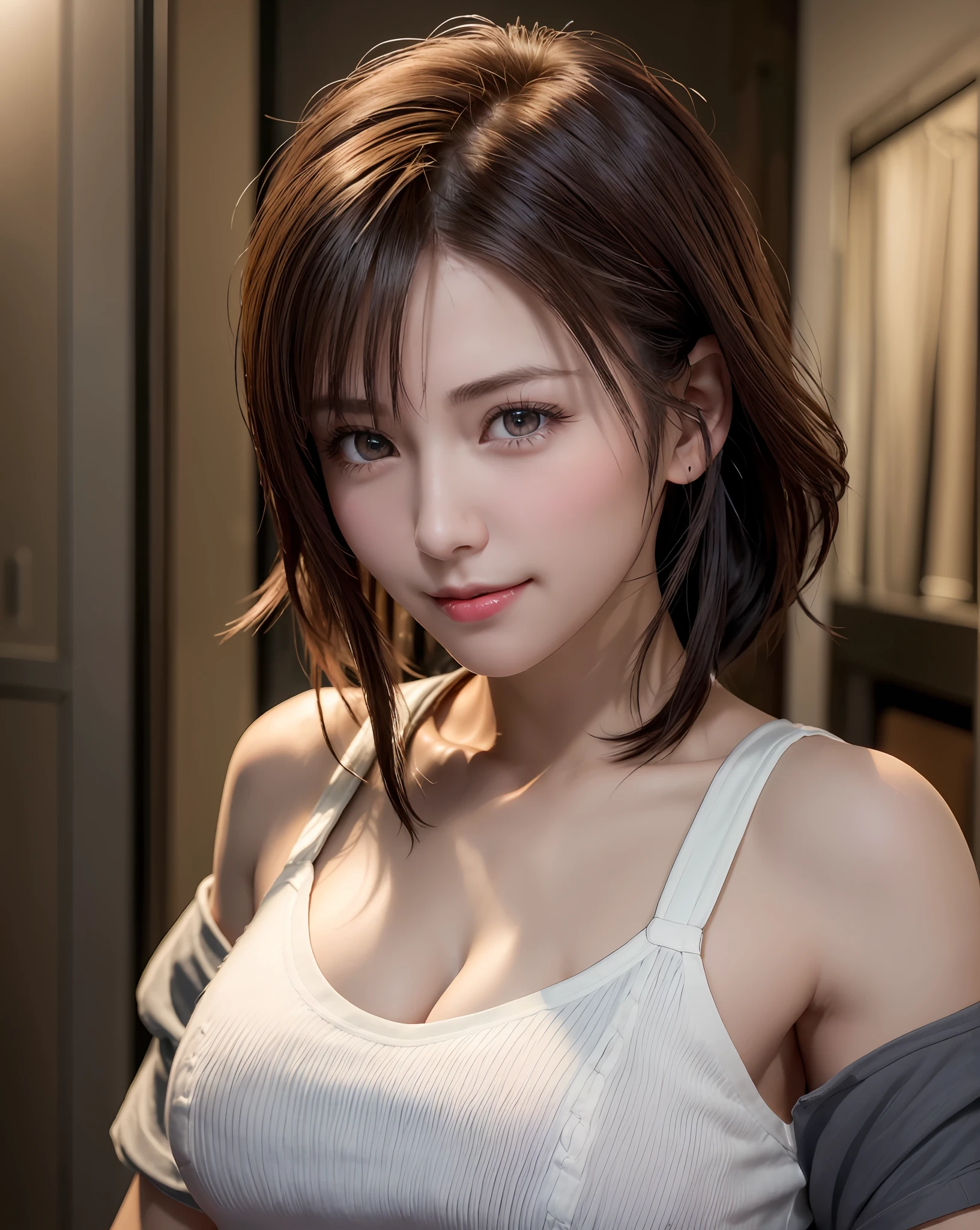 Best Quality, Ultra High Resolution, (Photorealistic: 1.4), Beautiful Eyes, Super Beautiful, Very Short Hair, Beautiful, Sweetheart, T-shirt with Rough Chest, Beautiful Soldier, Eyes That Invite Viewer, Lover's Perspective, Inviting Expression, Smile, Perfect Style, Perfect Balance, Detailed Skin, Naughty Gaze, Chest Visible