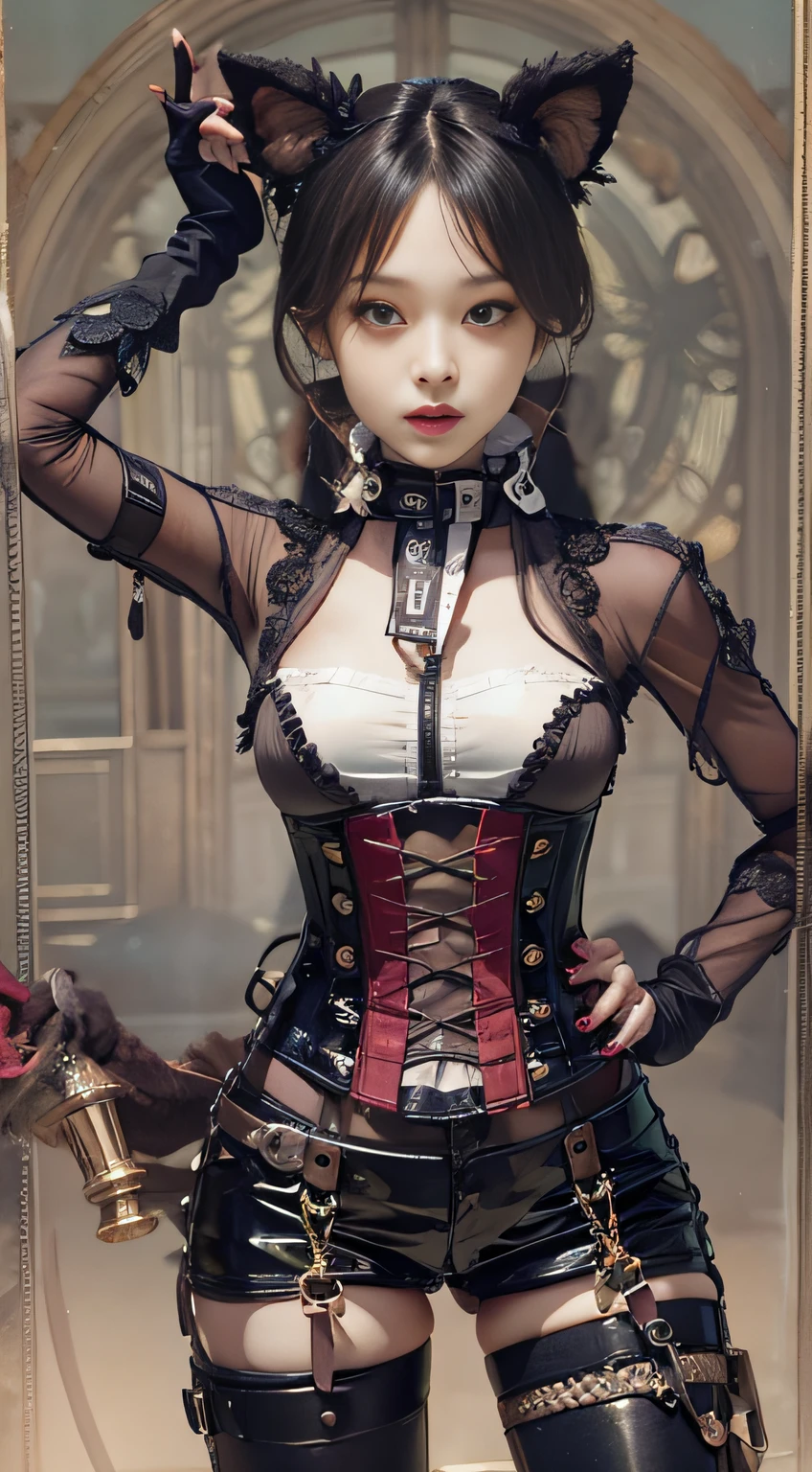 Woman in black catsuit posing in steampunk world, Leather corset, Wearing a black latex costume, captivating and enticing, corsets, wrapped in leather straps, very tight corset, very sexy costume, cruel korean goth girl, elegant corset, Wearing a latex costume, intricate wet latex suspenders, Latex, intricate latex set, Corset wearing, Sexy 21 year old cool Korean, Beautiful steampunk anime lady, a steampunk beautiful goddess, Jeizuo, magnifica, viewer, Realistis, Full body camera, on the lap, squatt, radical, tall, Forced real water, White Less Cloth Transparent Mini Shirt, White transparent thong, Low in the steampunk world, Very fine, Beautiful eyes with cosplay details, long eyelashes, Beautiful double eyelids, Eyeshadow is very fine, Narrow eyes, Three white eyes, Dark Eye Makeup, evil smile, Beautiful, thin legs, Tie short hair back, Goofy face, Rolling eyes, Blushing, Mouth watering, Sticky tongue, Vaginal orchid, Vaginal discharge, Squirting, (((Very small breasts))), Grasp your breasts with both hands, Spread legs, sexual excitement, Sex Expressions, Bare skin
