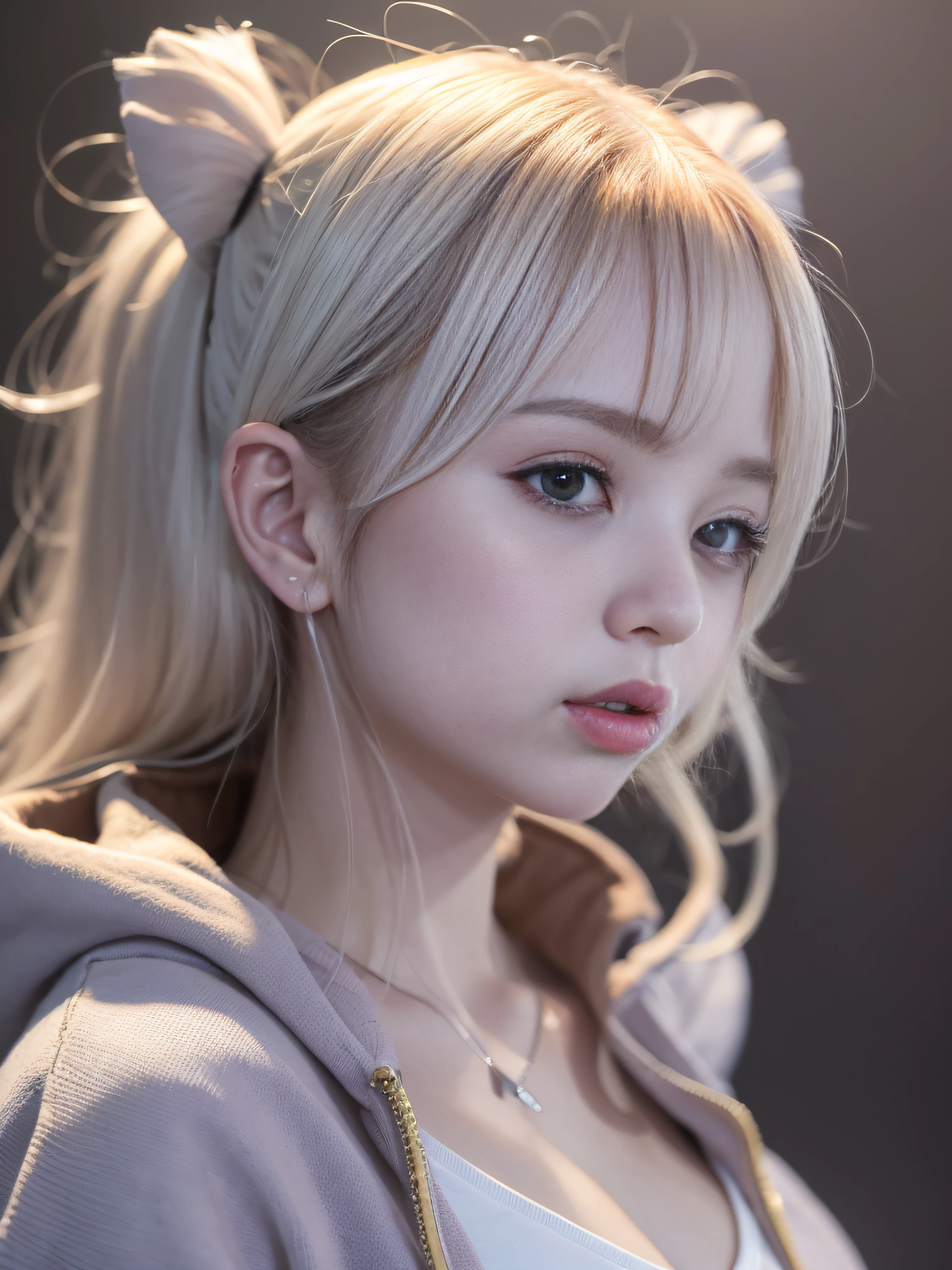 top-quality、masterpiece、超A high resolution、(Photorealsitic:1.4)、Raw photo、Detailed CG image quality、cyberpunked、Beautiful fece、1girl in、Future hair ornament、(White hoodie:1.3)、Colorful body paint、cleavage of the breast、(Hard erection:1.4)、( looking upwards:1.4)、detailed portrait、8K picture quality、bright colour、concept-art、Cinematic and dramatic atmosphere、foco nítido、Volumetric lighting、Cinematographic lighting、Wearing studio quality、Colorful neon lighting、depth of fields、Ambient lighting、Blurred foreground、blurry backround:1.3、