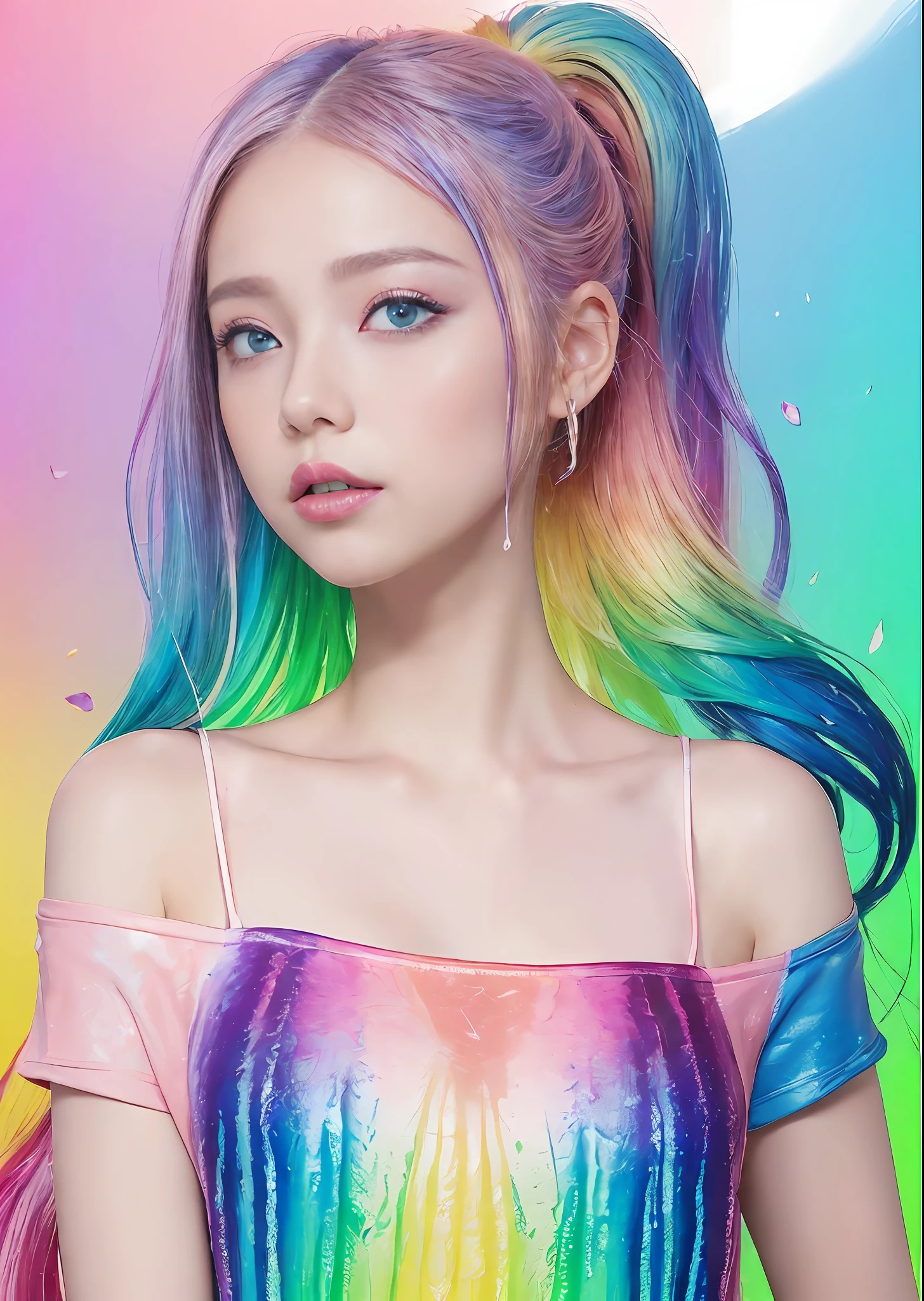 (Pink fashion T-shirt:1.9)、(colourful hair:1.8)、(all the colours of the rainbow:1.8)、((((Vertical Painting:1.6)))、(painterly:1.6)、frontage、comic strip、illustratio、painterly、big eye、Sheer eyes、(Iridescent gradient high ponytail:1.7)、Exquisite makeup、Mouth closed、(Small fresh:1.5)、(Wipe Chest:1.6)、long eyeslashes、White off-the-shoulder T-shirt、White shoulder shirt、looking at the spectator、large watery eyes、(rainbow-colored hair:1.6)、 color splashes, (独奏:1.8), color splashes, Color explosion, Thick paint style, Messy lines, ((SHINES)), (colourfull), (colourfull), colourfull, colourfull, Chic paint style, (Splash) (color splashes), Vertical Painting, The upper part of the body, paint splashes, Acrylic Pigment, gradients, paint, Top image quality, Top image quality, ​masterpiece, 独奏, depth of fields, facepaint, colourful clothes, (elegent: 1.2), Gorgeous,length hair, the wind, (elegent: 1.3), (flower petals:1.4)、(((​masterpiece)))、(((top-quality)))、((ultra-detailliert))、(illustratio)、(dynamic ungle)、((Planktonic))、(paint)、((dishevled hair))、(独奏)、(1girl in)、((Detailed anima face)))、((beautifull detailed face))、collars、bare shoulders​、white  hair、((colourful hair))、(((striated hair))、beatiful detailed eyes、(Gradient color eyes)、(((Colorful eyes))))、(colorful backdrop))))、((((a high chroma))))、(((Surrounded by colorful splashes)))、
 information