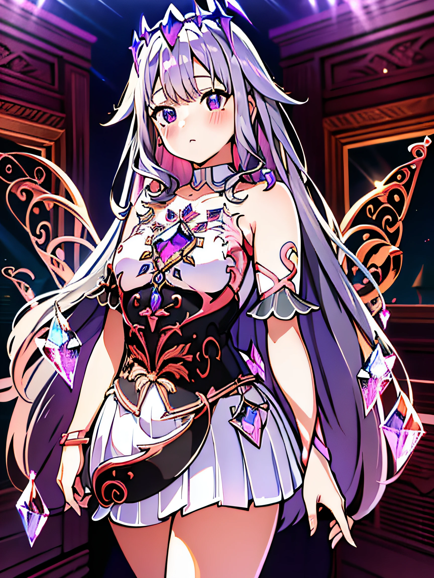 (highly detailed:1.3), koseki_bijou, silver hair, looking at viewer, blush, collarbone, full body, heart, wings, choker, crystal, cropped torso, Ultra-detail,(highres:1.1),best quality,(masterpiece:1.3),cinematic lighting, loli, little breasts, standing,