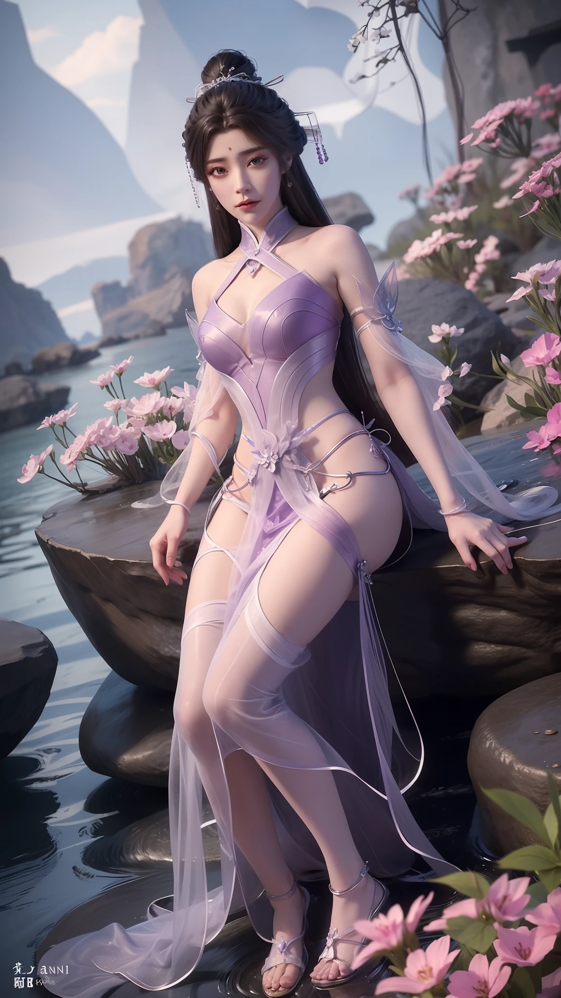The Araved woman dressed in purple sits on a rock near the body of water, Extremely detailed Artgerm, Keqing from Genshin Impact, 2. 5 D CGI anime fantasy artwork, full-body xianxia, zhongli from genshin impact, elegant cinematic pose, spellcasting pose, WLOP and Sakimichan, highly detailed exquisite fanart