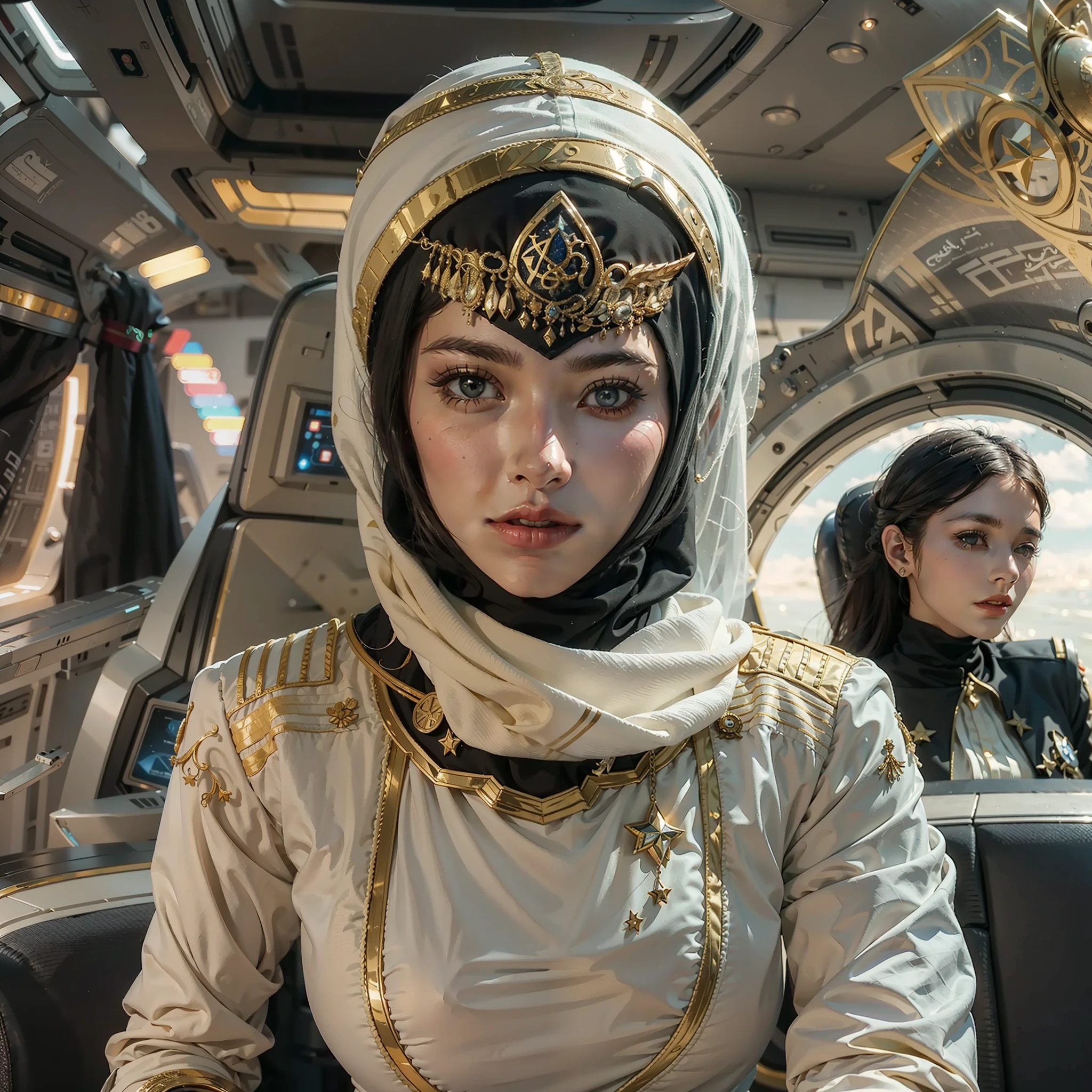 Arabic version《Star-Trek》,Female version《Star-Trek》,Arab female version of James,Arabic hijab,Veil masked,Arabian luxury Starfleet uniform,Sitting in the cockpit of the Enterprise,The Arab women's version of Spock and the Arab women's version of McCoy,Wear an Arabic headscarf,Veil masked,Wearing an Arabian luxury uniform,Stand behind him,The Arabic version of the Enterprise sails in space,High-tech and Arabic style。