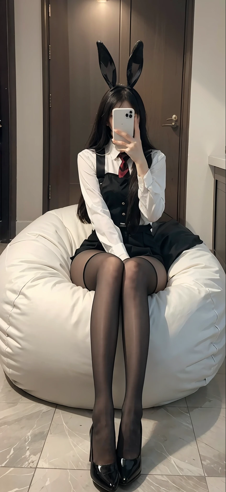 Arakfi sat on the bean bag,Take a selfie with your phone in the mirror, Black socks with suspenders ,blackstockings,lacepantyhose, Anime Barbie in suspender black stockings, Stockings, With black sock suspenders ,blackstockings,lacepantyhose, There are no shoes on the thighs, white with black spots, Wearing white tights, thighs high socks, White tights, wearing in stocking, Beautiful arms and legs, Wearing stockings, Close-up of legs with beautiful hands with rabbit ears on the head,bunnygirl,