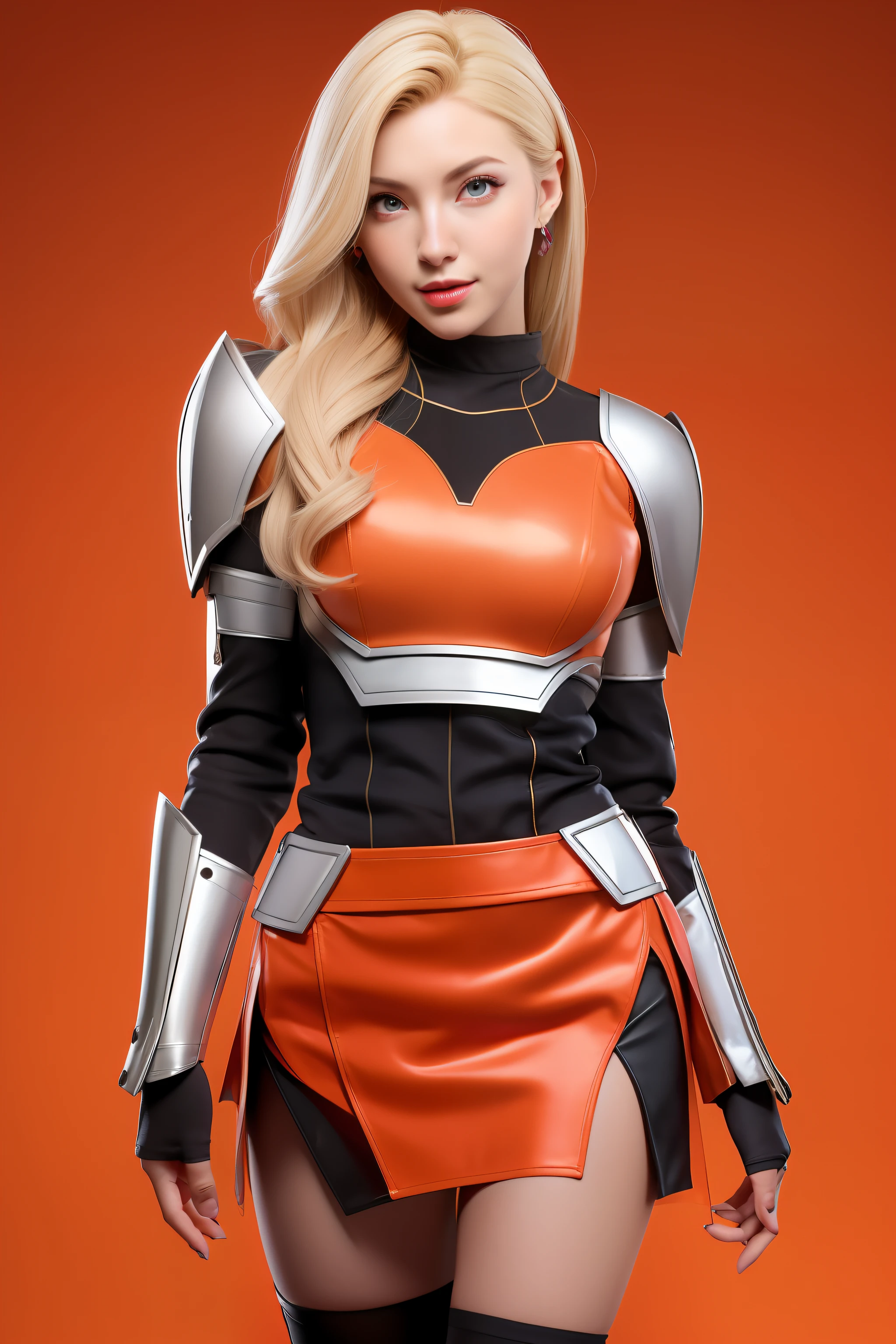 Beautiful Face Woman、a blond、a miniskirt、Orange background、 Beautuful Women、18year old、prety woman、hyper realistic photography、High-definition photos、red lipsticks、Mandalorian Style Metal Armor Skirt Suit、big eye、The skin is not very exposed、Do not cut your head off the screen、Skirt without slit