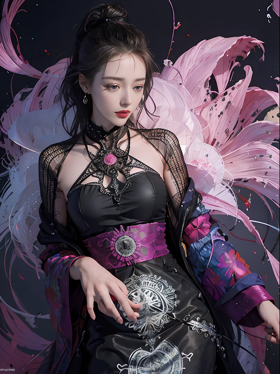 official art, unity 8k wallpaper, ultra detailed, beautiful and aesthetic, beautiful, masterpiece, best quality, (zentangle, mandala, tangle, entangle), dynamic angle, cowboyshot, the most beautiful form of chaos, elegant, a brutalist designed, vivid colours, romanticism, by james jean, roby dwi antono, ross tran, francis bacon, michal mraz, adrian ghenie, petra cortright, gerhard richter, takato yamamoto, ashley wood, atmospheric, enjoying a stream of music, where you can visualize the notes, ecstasy of musical notes, streaming musical notes visible