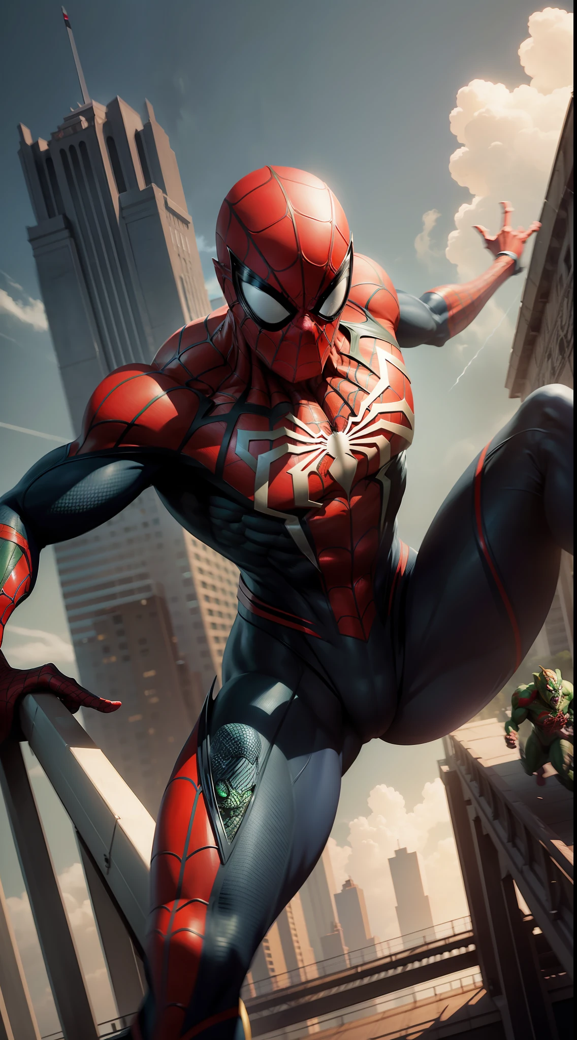 Spider man fight with green Goblin in bridge cinematic look High quality more realistic and high resolution 8k