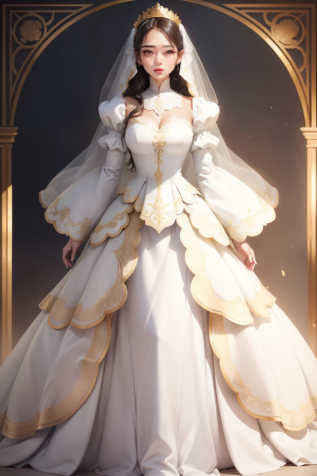 Wedding dress front design drawing，Solid white，Balloon sleeves，whitegloves，Shoulder pads，Skin exposure is minimal，Cover your shoulders，high-necked，Teardrop-shaped cutouts on the chest，There are many skirts，There is a gold pattern on the front，Rectangular gold pattern，The package is tight