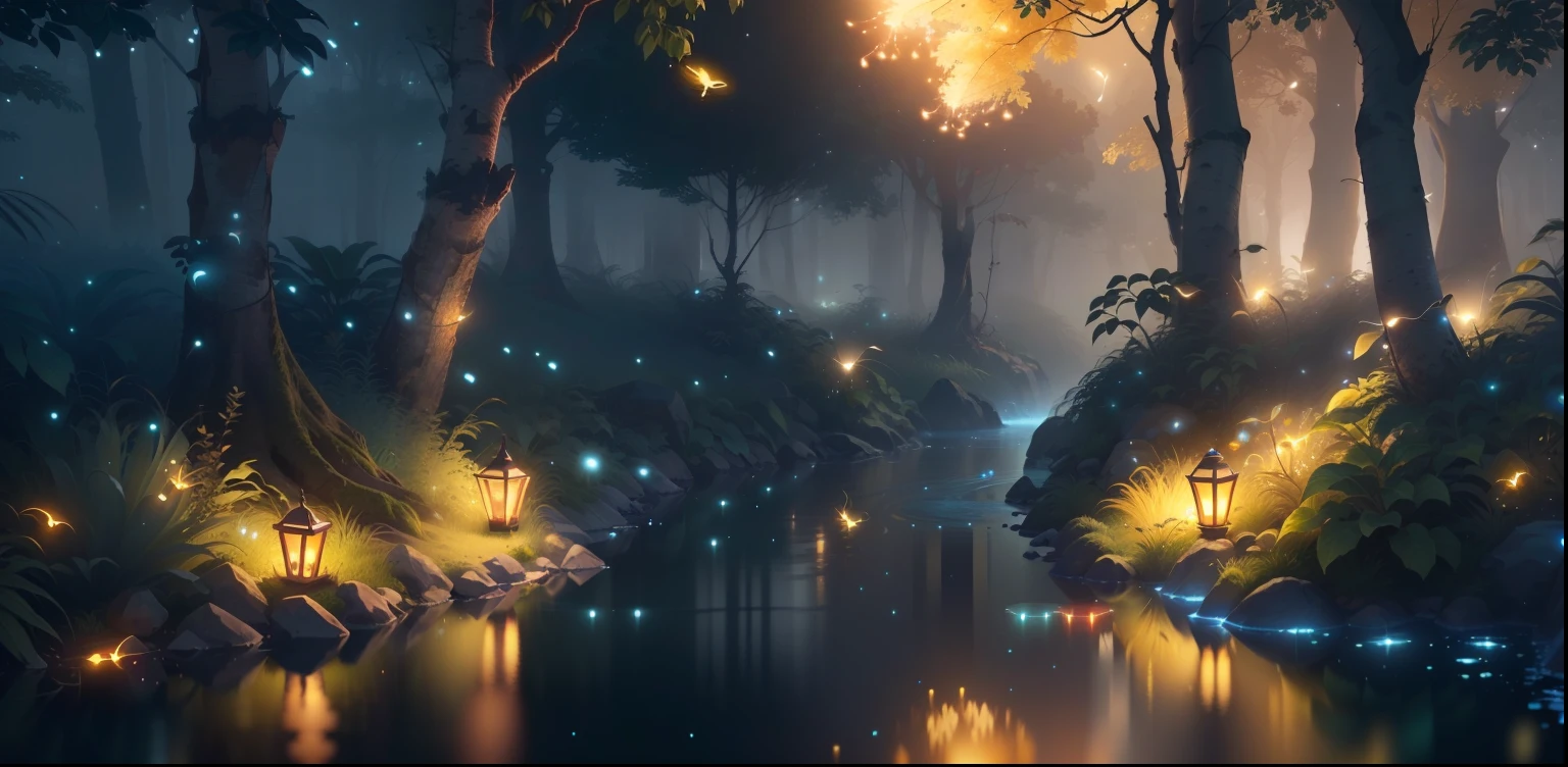 Masterpiece, best quality, (very detailed CG unity 8k wallpaper), (best quality), (best illustration), (best shadows), glow sprite, with a glowing deer, in the swimming pool Drinking water, natural elements in the forest theme. Mysterious forest, beautiful forest, nature, surrounded by flowers, delicate leaves and branches surrounded by fireflies (natural elements), (jungle theme), (leaves), (twigs), (fireflies), (particle effects) etc. 3D , Octane rendering, ray tracing, super detailed