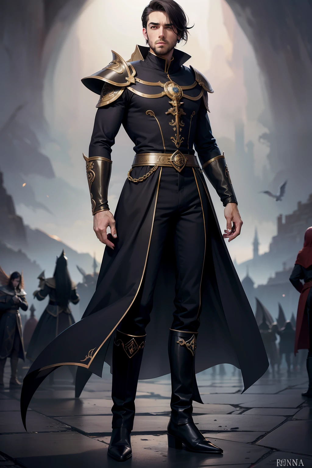 realista, homem jovem, magro, cabelo curto, cabelo preto, fantasia, barba curta, armaduras medievais pretas, roupas pretas, roupas medievais, Slacks, botas, corpo todo, nevoa negra ao fundo