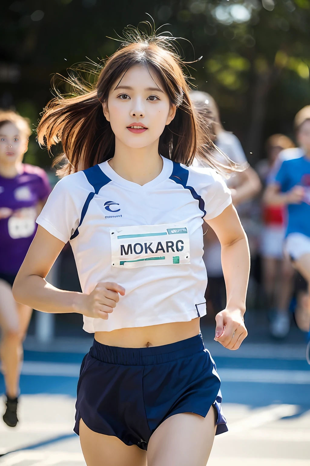 (((Sports, Short, Long, Running, Jogging, Marathon, Exercise, Athletics, Running, Running Posture, Running, Feeling of Galloping, Sweat, Sweat, Sweating Lots)))), ((Volley Uniform: 1.3, White, Red, Blue, Uniform: 1.3, Lower, Swaying, Hetero)), ((White, Red, Blue, Bloomers: 1.2, Low Rise)), (Athletics, Floating Hair NovaFrog Style, Floating Hair, Hair and Clothes That Flutter in the Wind, High School, Slender Abs: 1.2, Navel, Serious Look), (The shape of the pubic area is clearly visible)), Blushing, NSFW, 8k, RAW Photo: 1.2, (Best Quality: 1.4, Masterpiece: 1.4), Super Detail, Best Illustration, Ultra High Resolution, Portrait, Film Grain, 1girl, POV, Depth of Field, Photorealistic: 1.4, detailed hair, realistic hair, realistic lighting, realistic shadows, realistic clothing, realistic skin, natural skin texture, portrait: 0.6, light particles, lens flare, glowing particles: 0.6, bokeh: 1.2, clean: 1.8, professional lighting, photon mapping, radiosity, physically based rendering, incredibly absurd, Glossy skin, pale skin: 1.2, PureErosFace_v1: 0.7, fair skin: 1.1, round face: 1.5, mouth open, puffy eyes, purple eyes, double eyelids, egyosar: 1, floating hair, makeup, Japan girl, lovely thighs, shining thighs, shining legs