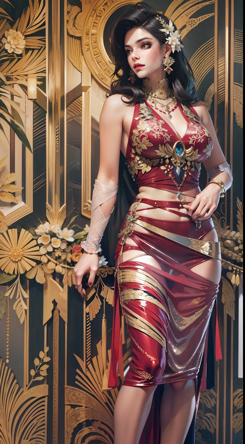 Beautiful woman in intricate Modern Retro Glam Outfit