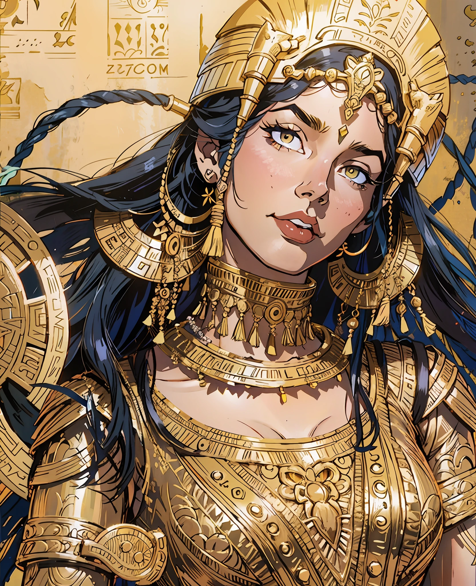 cleopatrah, tiro de corpo inteiro, vestido bonito, deusa rainha do Egito, atraente, rosto mais perfeito, design de olhos profissional, pintura digital, Beautiful hieroglyphics in the background, fantasia, detalhes intrincados, actual configuration, Face card, ao estilo de Ellen Gallagher, Abigail Larson e Anton Pieck