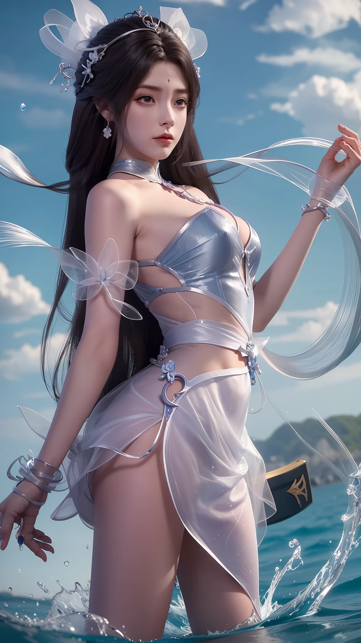 Arapei in a blue and white dress stood in the water, Anime girl walking on water, closeup fantasy with water magic, azur lane style, trending on cgstation, Anime girl cosplay, seraphine ahri kda, Splash art anime Loli, trending at cgstation, realistic water, water fairy, WLOP and Sakimichan