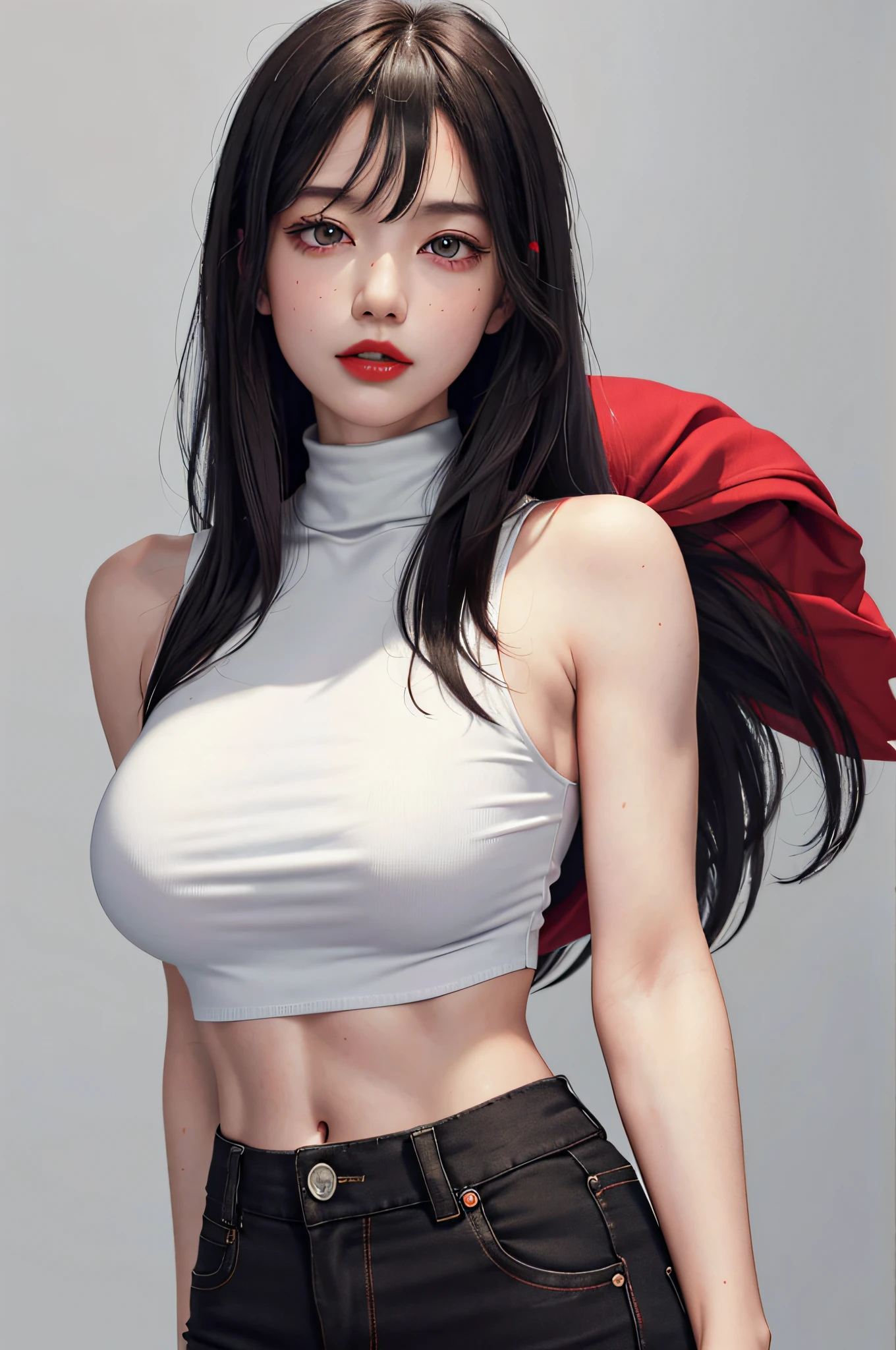 Girls, Bangs, Bare Shoulders, Black Pants, Breasts, Breasts squeezed together, Grey background, Hair between the eyes, Huge breasts, Long hair, View Viewer, Pants, Parted lips, Red eyes, Shirt, Simple background, Sleeveless, Sleeveless shirt, Solo, Turtleneck, V arm, White hair,(Shiny skin),(Masterpiece:1.4),(Best quality:1.4),,Facigirl,Red lips,Perfect abs, belly button, (nipple: 1.5), (sheer areola), nipple, huge, sweat,