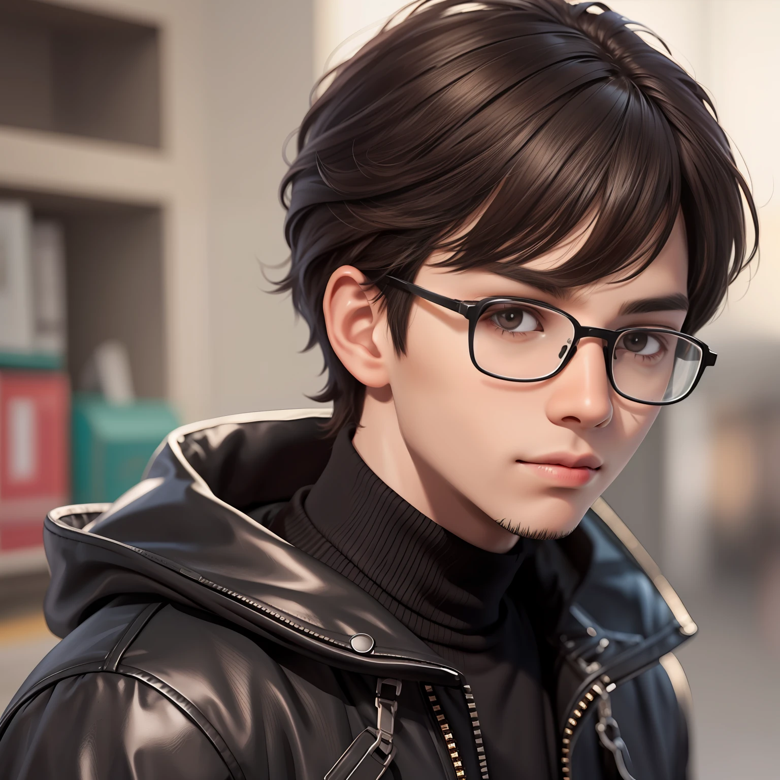 1boy,black glasses,solo,black hair,brown eyes,brown hair,sylish hair,looking at viewer,cartoon portrait