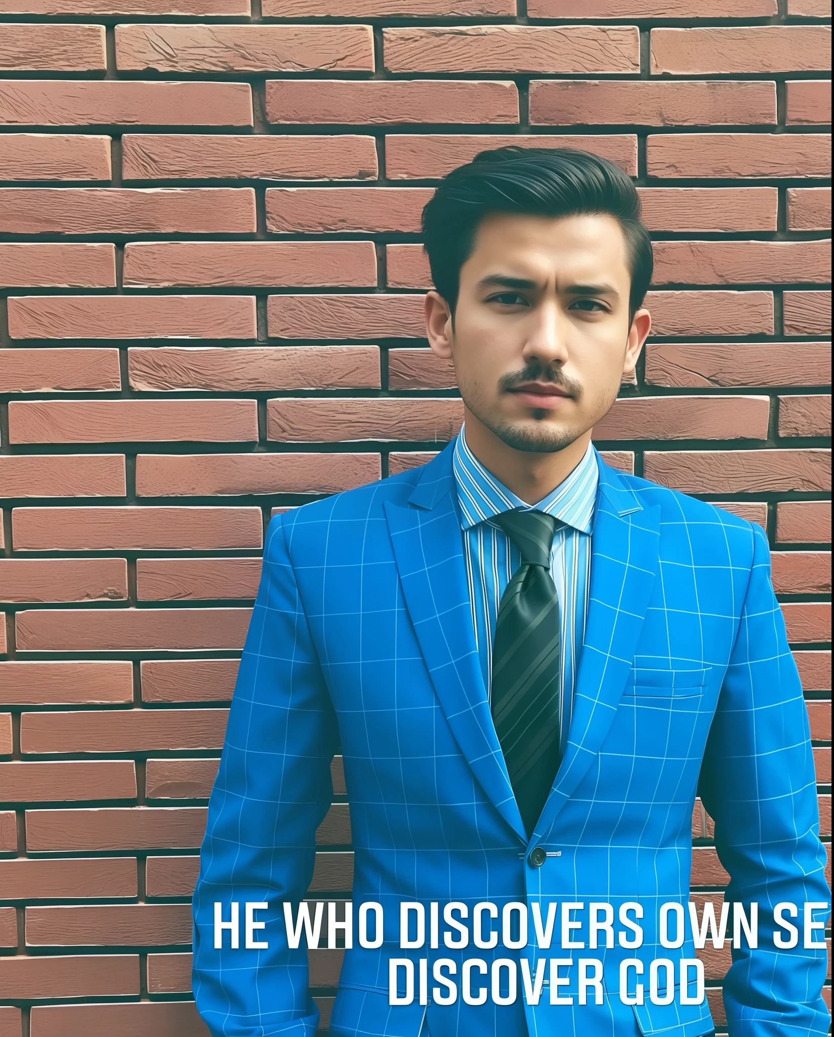 there is a man in a blue suit and tie standing against a brick wall, wearing fashion suit, wearing a colorful men's suit, handsome man, blue suit, he is wearing a suit, wearing suit, selfishness, stylish deity, wearing blue jacket, self centered, dressed in a suit, i've discovered life, in his suit, wearing a suits, hyper realistic, strong look,