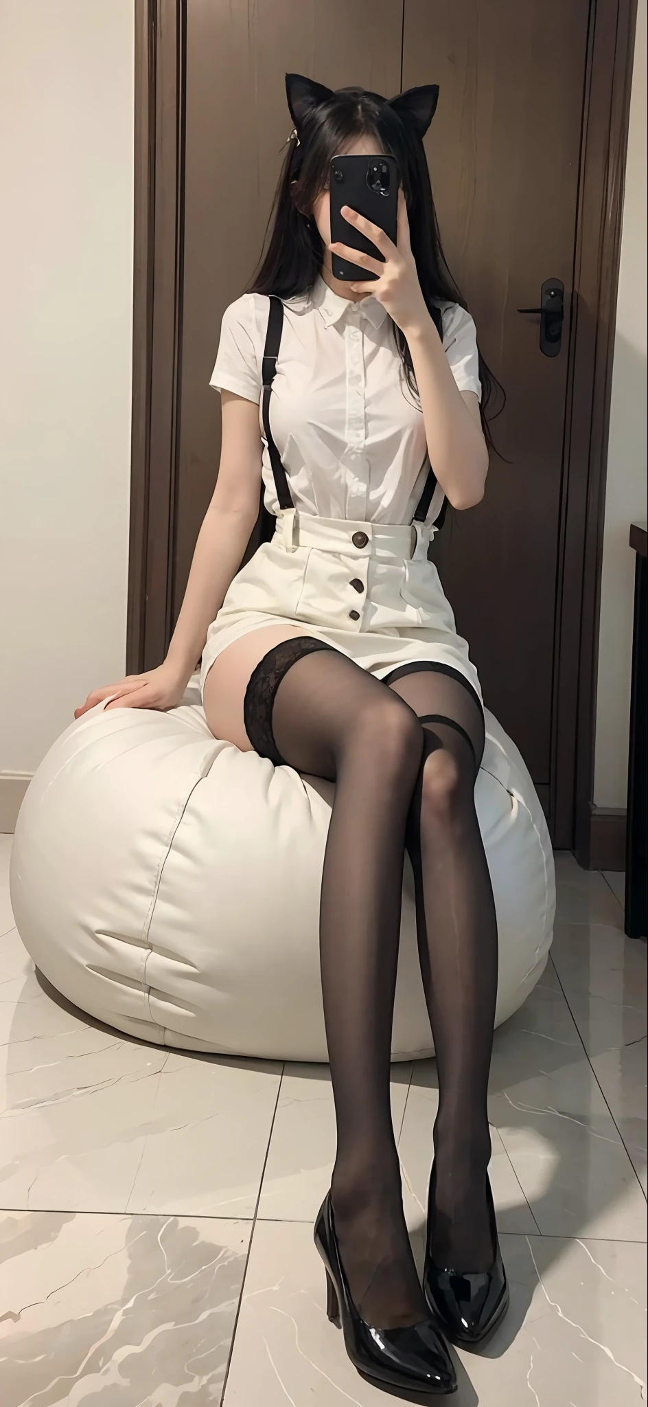 Arakfi sat on the bean bag，Take a selfie with your phone in the mirror, Black socks with suspenders ，blackstockings，lacepantyhose, Anime Barbie in suspender black stockings, Stockings, With black sock suspenders ，blackstockings，lacepantyhose, There are no shoes on the thighs, white with black spots, Wearing white tights, thighs high socks, White tights, wearing in stocking, Beautiful arms and legs, Wearing stockings, Close-up of legs with beautiful hands with furry black and white cat ears on the head