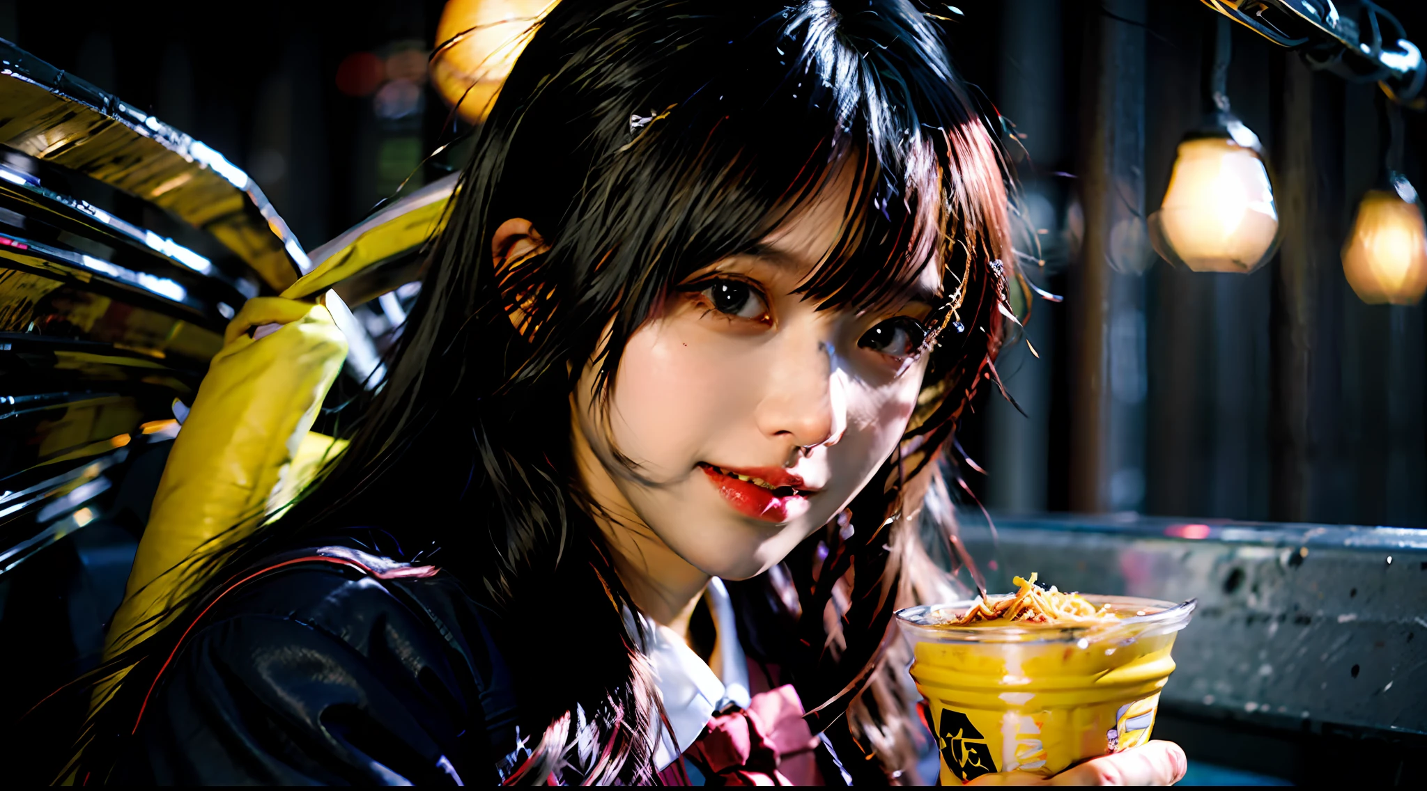 (masterpiece), best quality, ultra high res, close up, slim body, 1girl,school uniform, long hair, laughing, ramen, night, Tokyo restaurant background, colorful lights, photon mapping, radiosity, physically-based rendering, cinematic lighting, intricate, High Detail, Sharp focus, dramatic, photorealistic