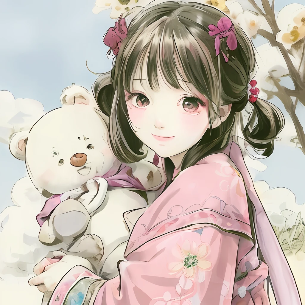 A cute girl，She has big bright eyes，Smiling，The face is filled with innocence and joy。She tilted her head slightly，Long hair shawl，Grabbing a bear doll。She wore a pink dress，The skirt is embroidered with a floral pattern。The background is a sunny meadow and blue sky and white clouds。The whole painting gives a feeling of warmth and joy