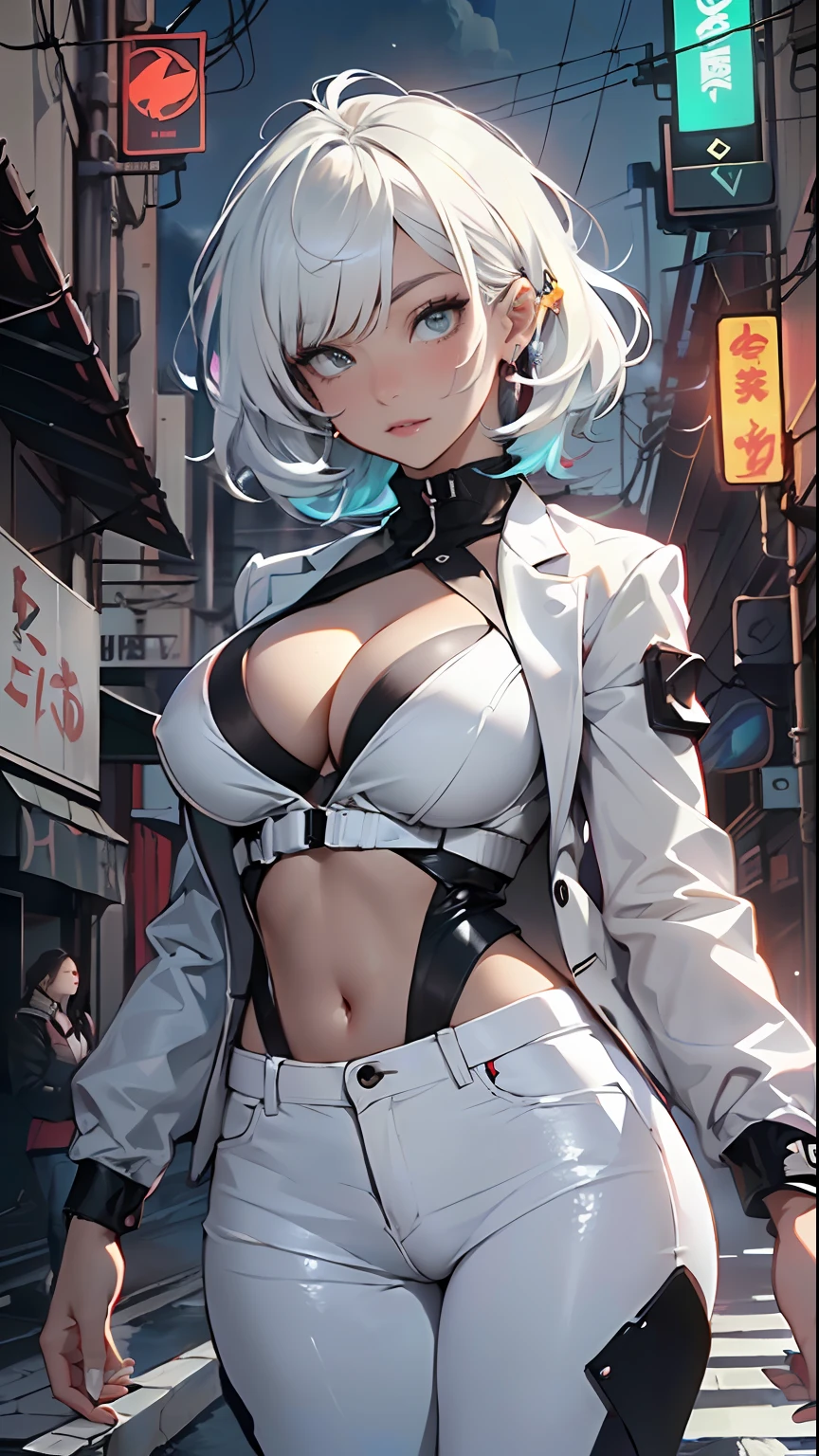cute albino girl,(((1girl))),((anime albino girl with extremely cute and beautiful white hair walking seductively down the street)),
(small breasts:1.4),(((white hair:1.35,colored inner hair,ear breathing,small hair,tomboy haircut))),((heterochromia,eye1 white,eye2 aqua,perfect eyes,upturned eyes:1.3,beautiful detailed eyes,finely detailed beautiful eyes:1,big highlight on eyes:1.2,slanted eyes)),((fat)),(((pale skin,lustrous skin:1.5,bright skin: 1.5,skin tanned,shiny skin,very shiny skin,shiny body,plastic glitter skin,exaggerated shiny skin))),(spider lower abdomen,narrow waist,wide hip,athletic body,inflated legs,delicate detailed fingers,detailed body,detailed arms,human hands,(detailed face)),
cute,slutty,seductive,erotic,(((nsfw))),
(((wearing white formal blazer,white pants,))),(((huge cleavage))),(detailed outfit,detailed clothes),
(dynamic pose:1.0),solo focus,embarrassed,centered,scale to fit dimensions,Rule of thirds,
outdoors,((night view)),(cyberpunk night street Background: 1.5,dark sky,alleyway,lonely alley,thick clouds,detailed background:1.25),
(best quality),(high resolution),(sharp focus),(ultra detailed),(extremely detailed),(extremely high quality artwork),8k_wallpaper,(extremely detailed CG 8k),(very fine 8K CG),((hyper super ultra detailed perfect piece)),flawless,(((masterpiece))),illustration,vibrant colors,(intricate),High contrast,Selective lighting,Double exposure,HDR (High Dynamic Range),Post-processing,Background blur,