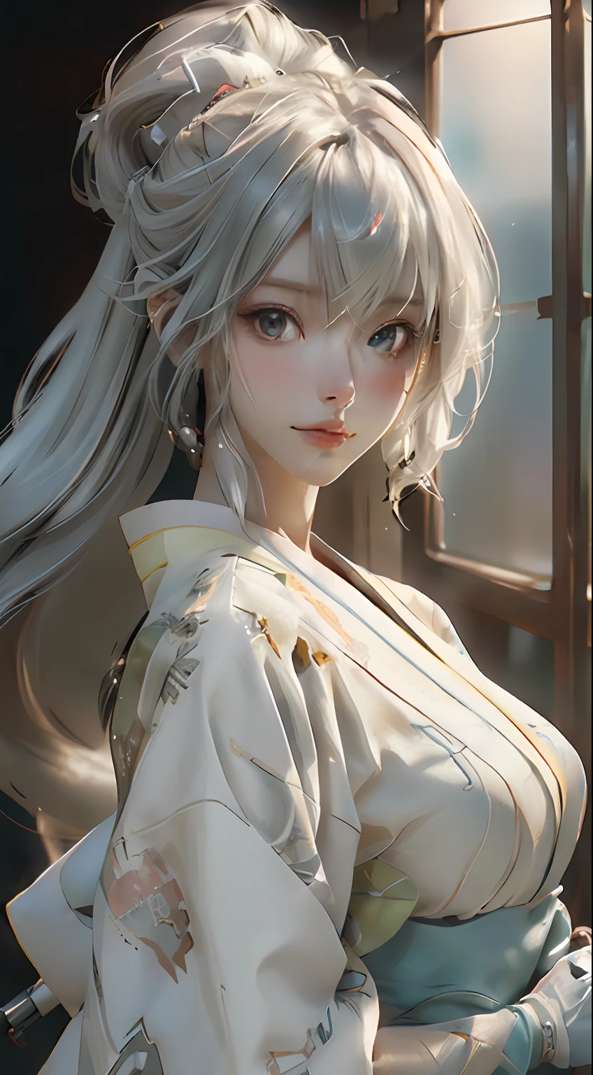 walking around Japan summer festival, (light yellow color kimono:1.3), (Best Quality), ((Masterpiece), (Detail: 1.4), 3D, A Beautiful Cyberpunk Woman, HDR (High Dynamic Range), Ray Tracing, NVIDIA RTX, Super-Resolution, Unreal 5, Subsurface Scattering, PBR Textures, Post-Processing, Anisotropic Filtering, Depth of Field, Maximum Sharpness and Clarity, Multi-layer Textures, Albedo and Highlight Maps, Surface Shading, Exact simulation of light-material interactions, perfect proportions, Octane Render, bicolor light, large aperture, low ISO, white balance, rule of thirds, 8K RAW, close-up of a woman with very long hair and a very large body, perfect anime robot woman, anime robot with organic mix, best anime 4K konachan wallpaper, detailed digital anime art, beautiful girl cyborg, portrait of cyborg queen, cyborg - silver girl, biomechanics oppai, Digital cyberpunk anime art