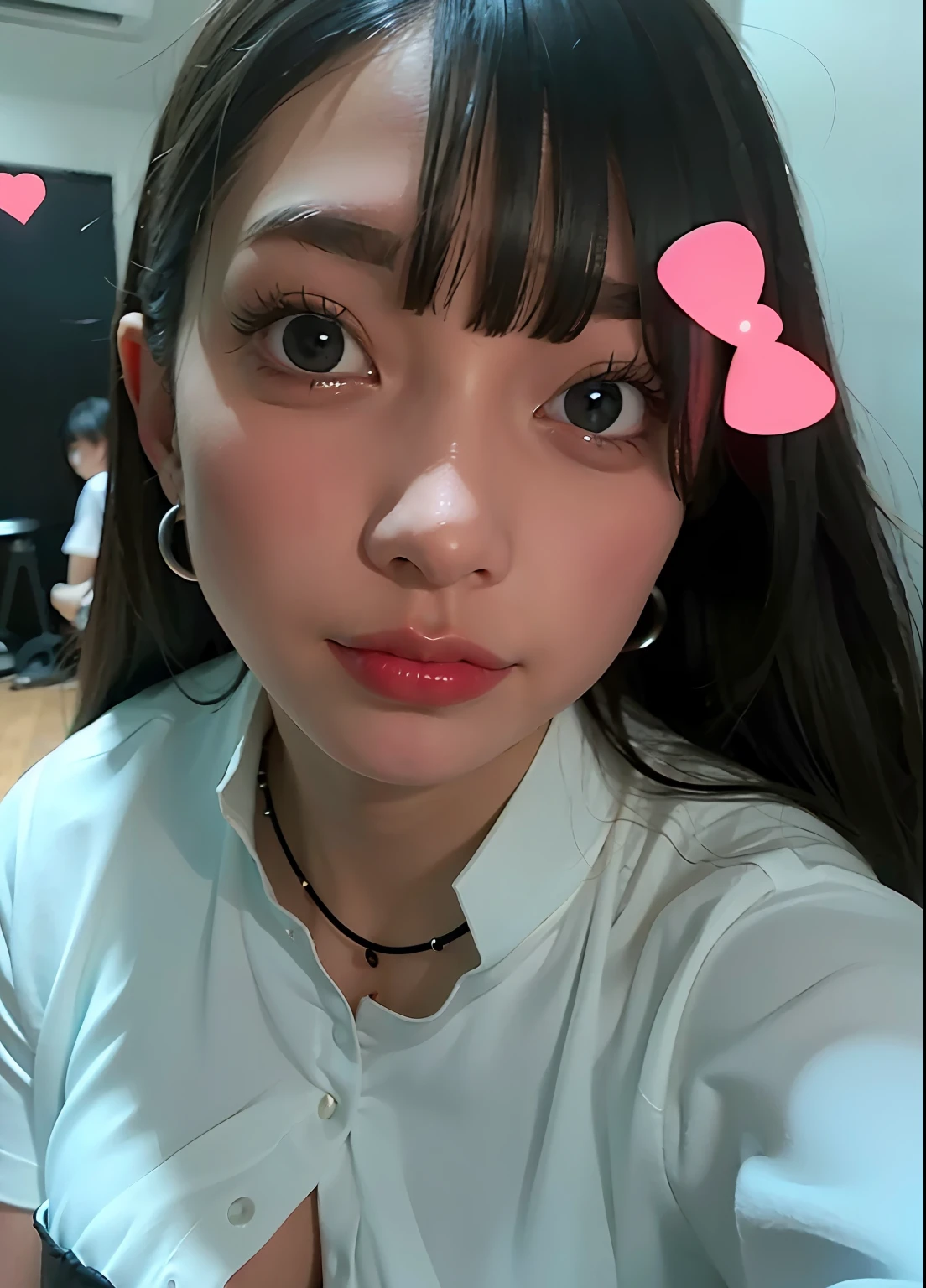 best quality, ultra high res, (photorealistic:1.4), 1girl, off-shoulder white shirt, black tight skirt, black choker, (faded ash gray hair:1), (huge breasts:1.2), looking at viewer, closeup ,