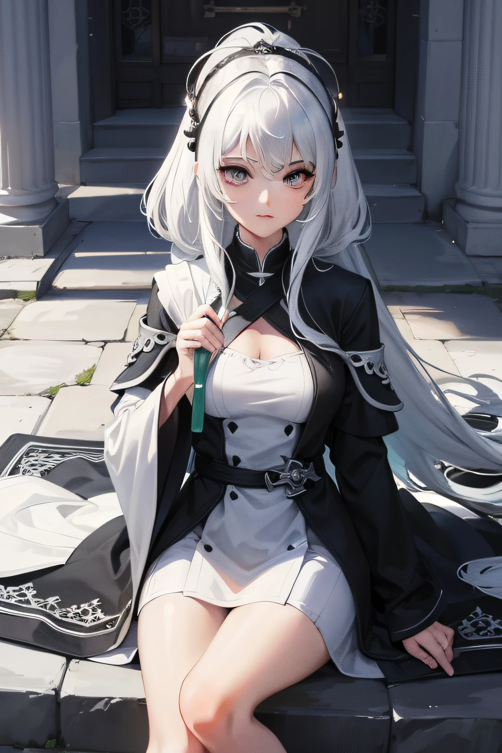 Freljord: 1.3，(1girl: 1.9)Go，Beautuful Women，The robe is black and white，Sit on the Go board，white color hair，blacksilk，ancient wind，playing chess